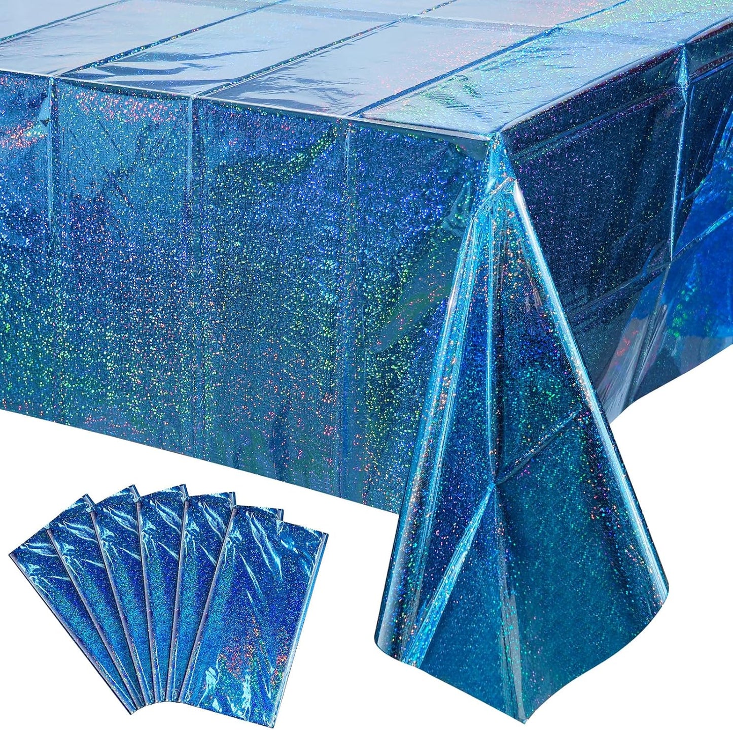 6 Pack Iridescent Blue Plastic Tablecloth,  Shiny Disposable Laser Rectangle Table Cover, Holographic Foil Tablecloth Iridescent Party Decorations for Birthday Wedding Ocean Theme, 54X108Inch