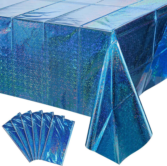 6 Pack Iridescent Blue Plastic Tablecloth,  Shiny Disposable Laser Rectangle Table Cover, Holographic Foil Tablecloth Iridescent Party Decorations for Birthday Wedding Ocean Theme, 54X108Inch