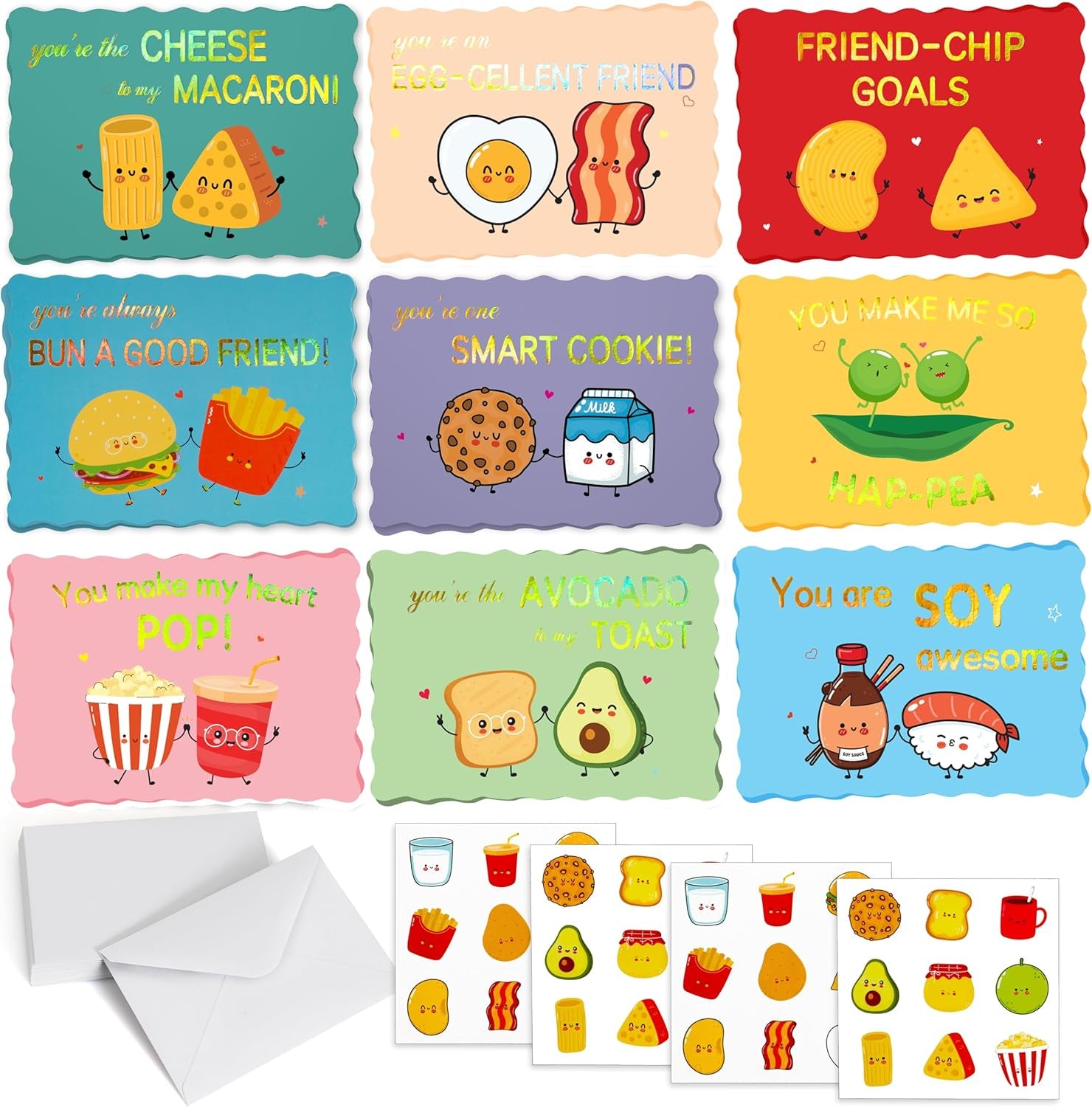 36 Pack Gold Foil Valentines Day Cards for Kids School, 9 Assorted Designs with Envelopes & Cartoon Scented Strawberry Stickers, Great for Boys & Girls Classroom Activities