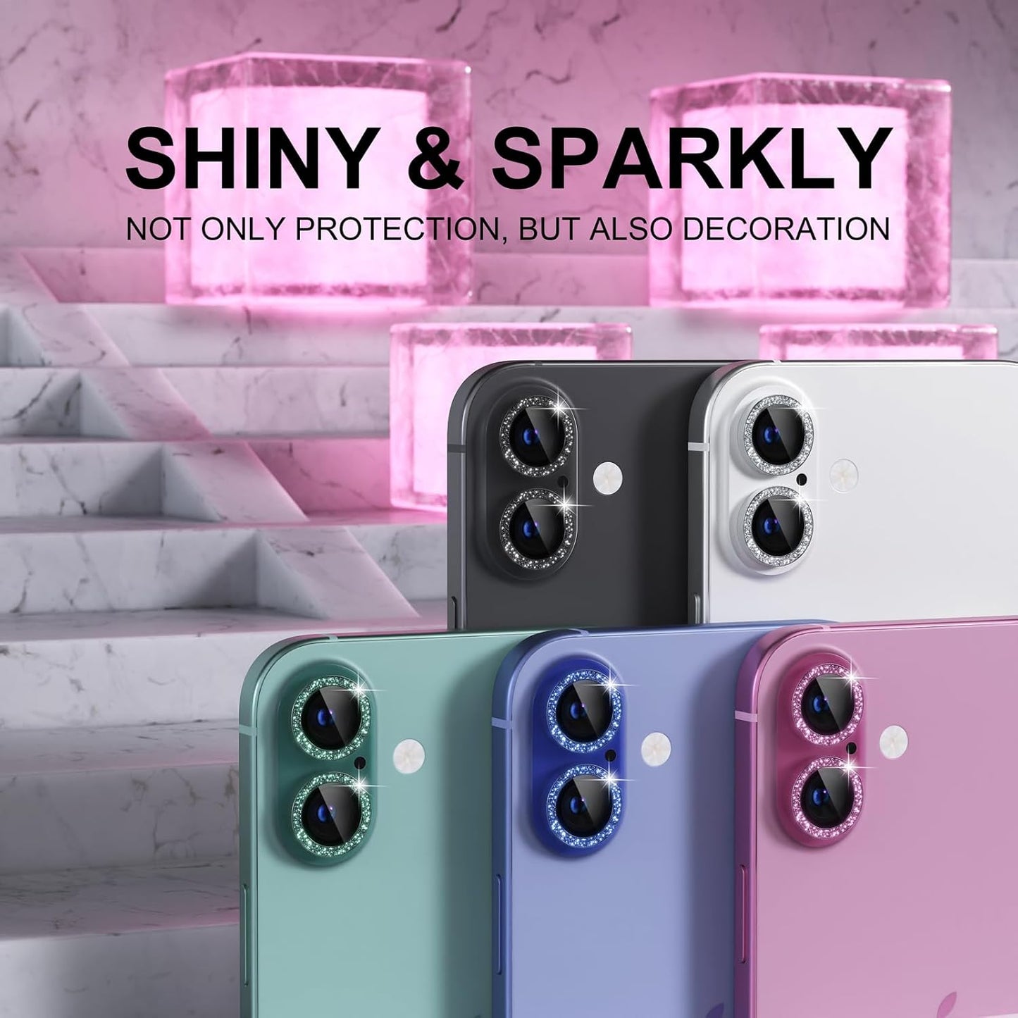 Compatible for Iphone 16 /Iphone 16 plus Camera Lens Protector Bling, 9H Tempered Glass Camera Cover Screen Protector Metal Ring Decoration Accessories(Glitter-Pink)