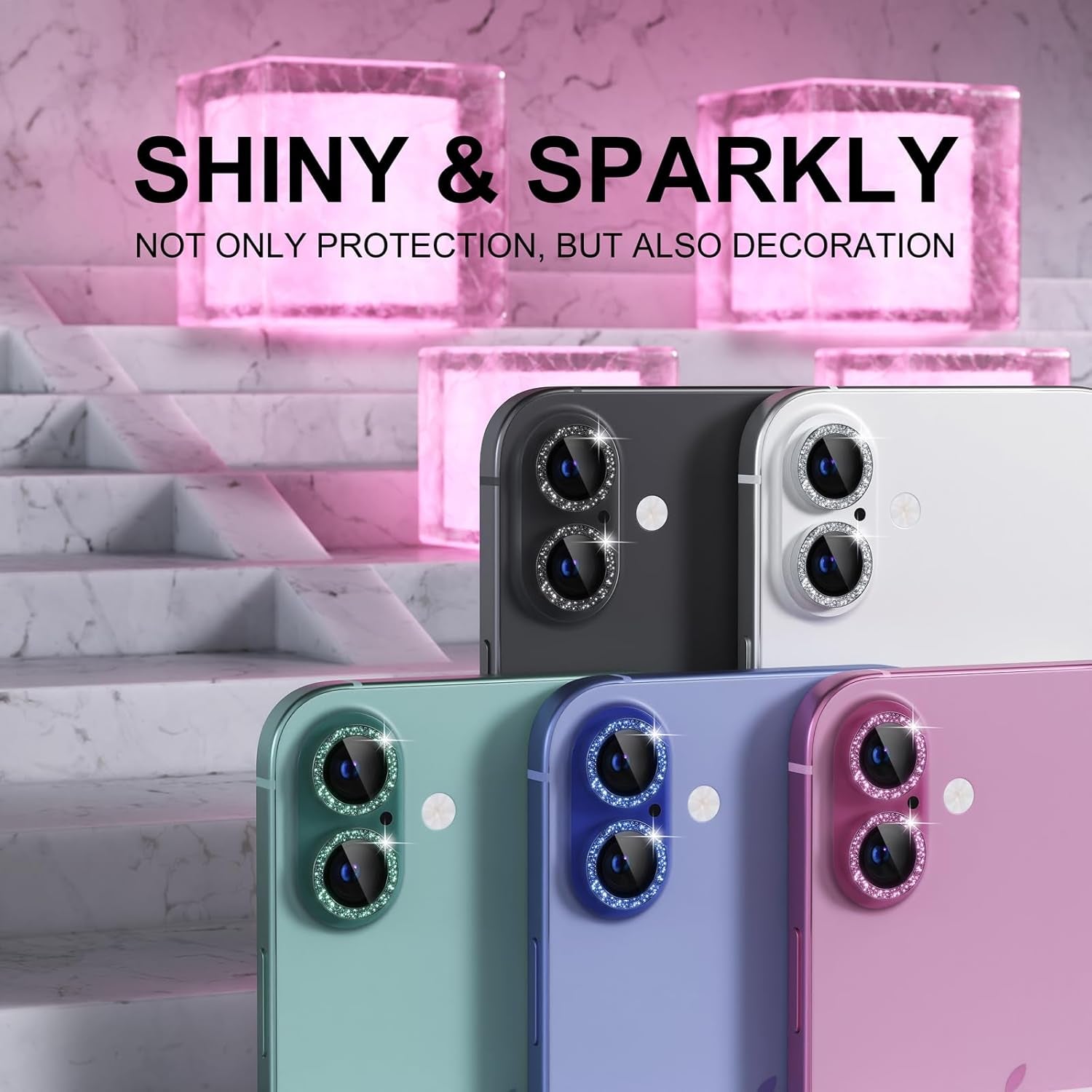 Compatible for Iphone 16 /Iphone 16 plus Camera Lens Protector Bling, 9H Tempered Glass Camera Cover Screen Protector Metal Ring Decoration Accessories(Glitter-Pink)