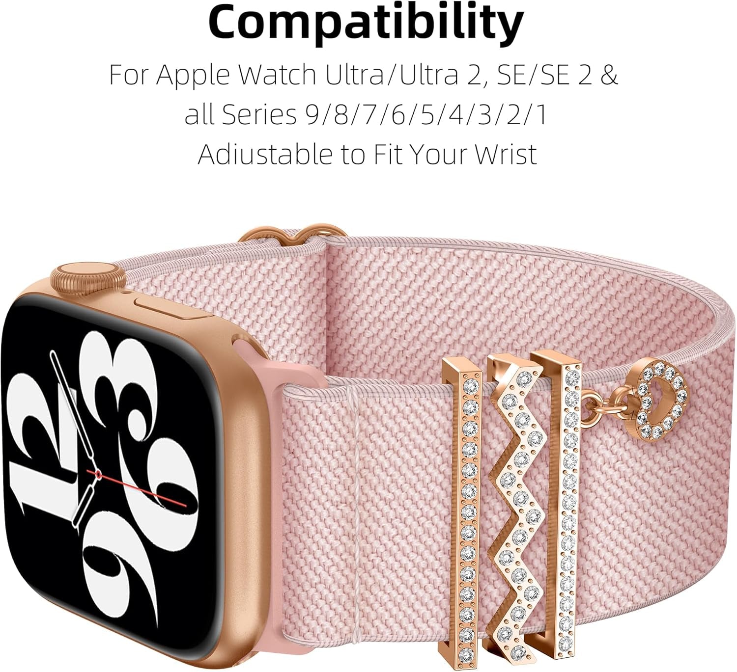 Decorative Rings Loop Charms Nylon Watchband Compatible with Apple Watch 38 40 41 42 44 45 49Mm, Metal Diamond Accessories Slide Elastic Strap for Iwatch Ultra 2/1 SE Series 9 8 7 6 5 4 3 2 1 (Include Band)