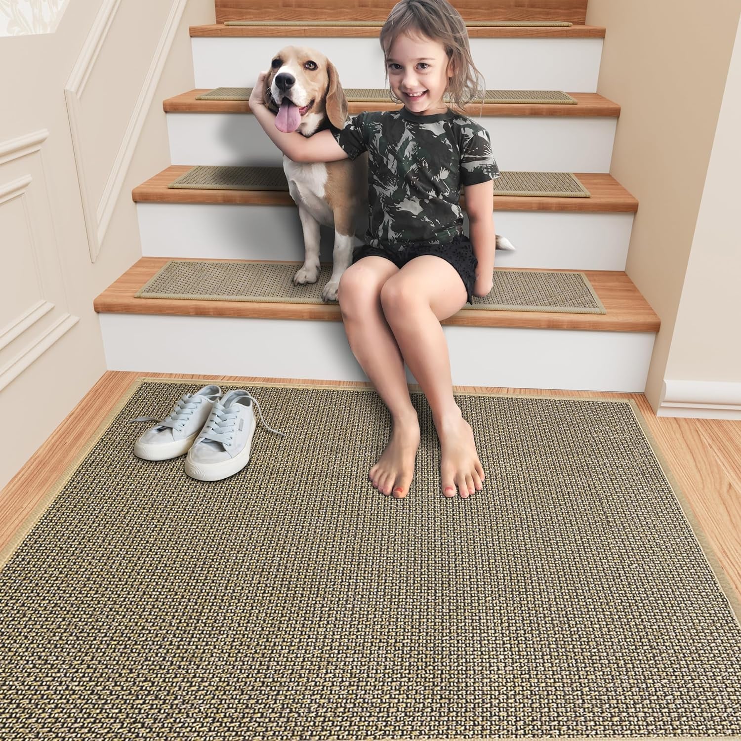Stair Treads Carpet for Wooden Steps, Non Slip Landing Mat Rug Whit Rubber Backing, Polyester Soft Stairs Resistant Indoor Skid Runner Safety Rugs for Family, Absorbent Washable 31" X 31" Brown