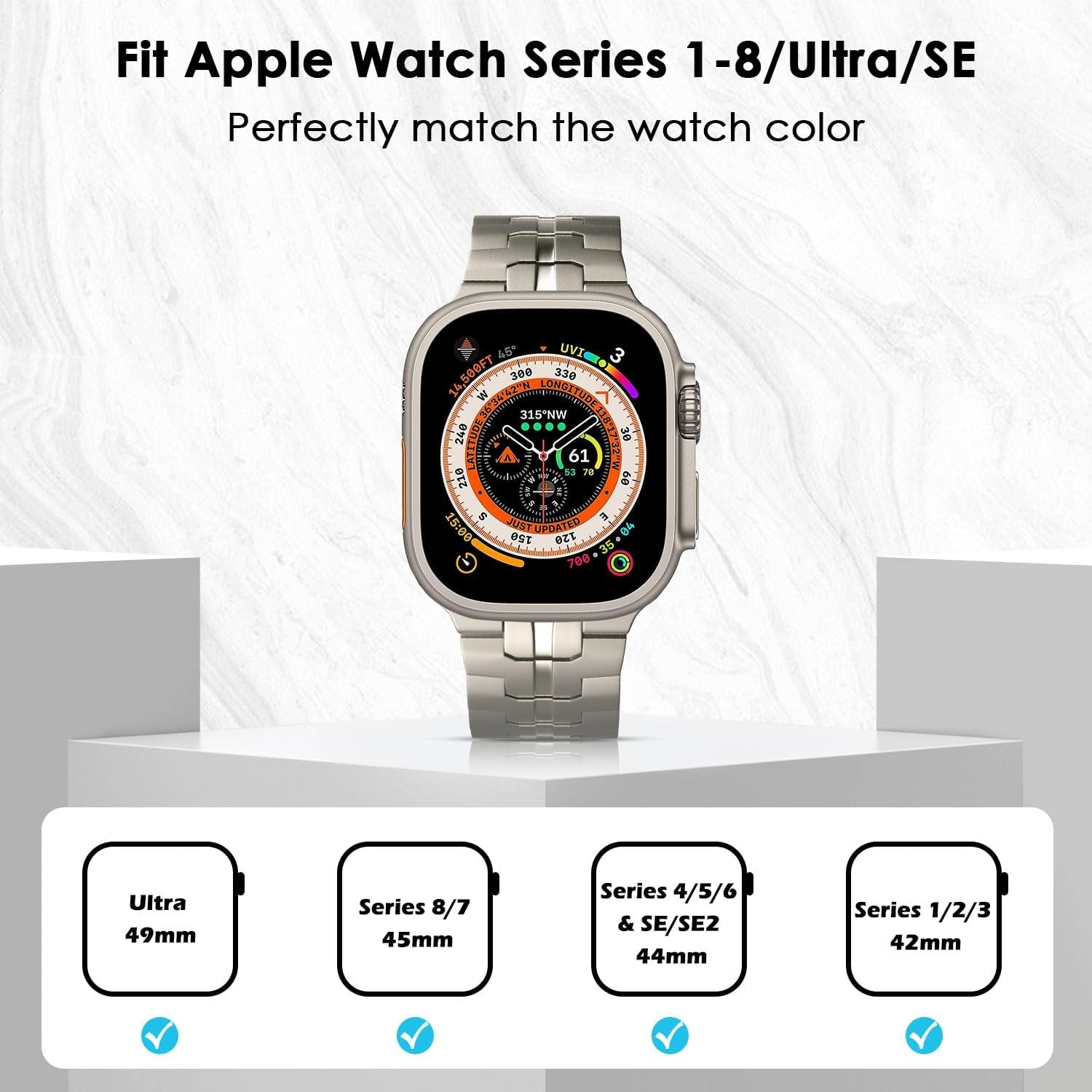 Titanium Band Compatible with Apple Watch 49Mm 45Mm 44Mm 42Mm, Adjustable Sport Strap Wristband for Iwatch Ultra2 Ultra Series 9/8/7/6/5/4/3/2/1/SE with Butterfly Buckle for Men, Titanium