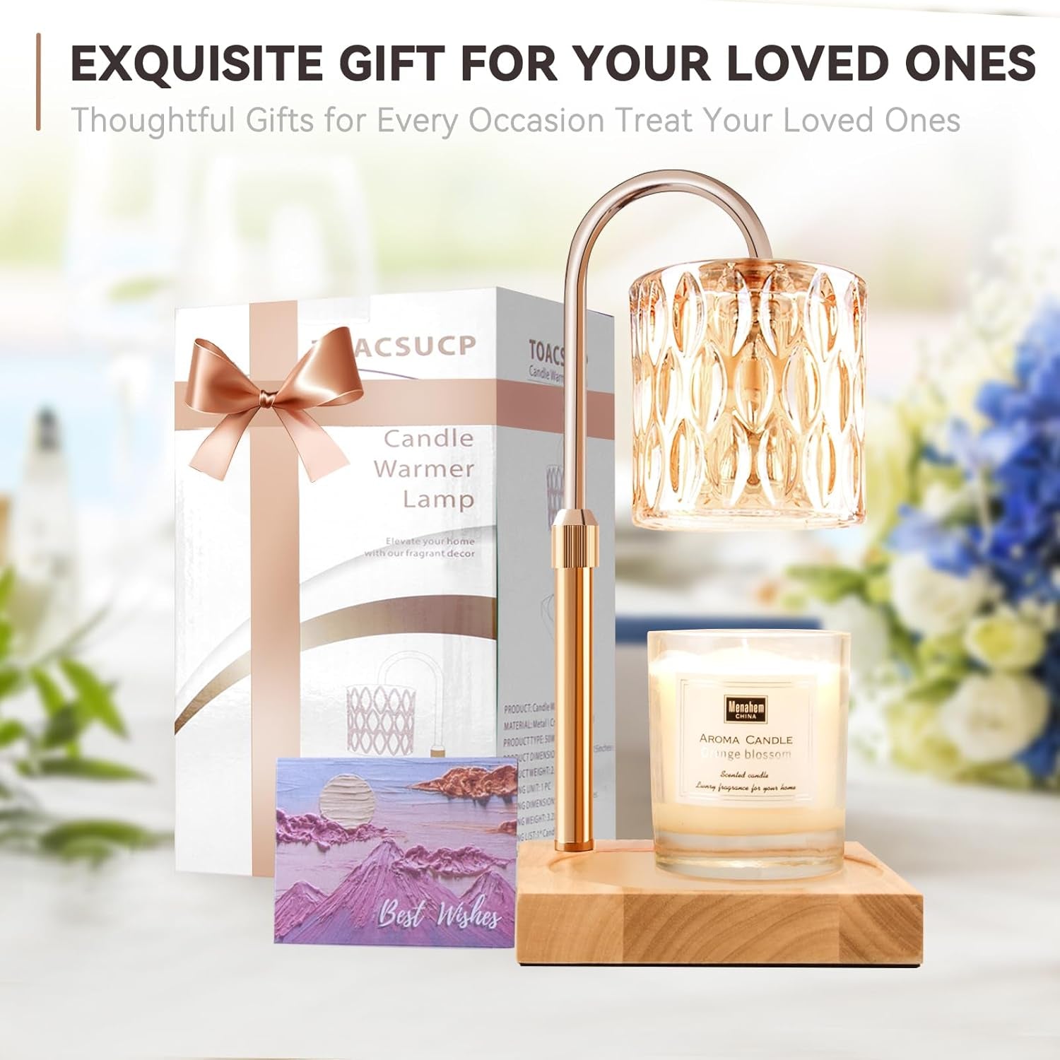 Candle Warmer Lamp with 3 Bulbs, Adjustable Height Dimmable Candle Warmer with Timer, Compatible with Large Jar Candles, Candle Lamp with Charming Gift Box Ribbon for Her/Him(Natural Wood)