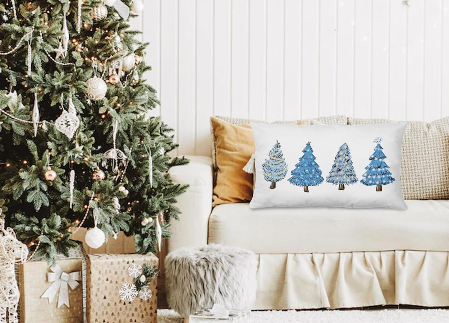 Blue Christmas Decorations,Coastal Christmas Decor Blue Christmas Tree Pillow Covers 12X20,Christmas Decor,Christmas Trees Xmas Pillow Cases Cushion Covers,Blue Christmas Tree Pillow Covers