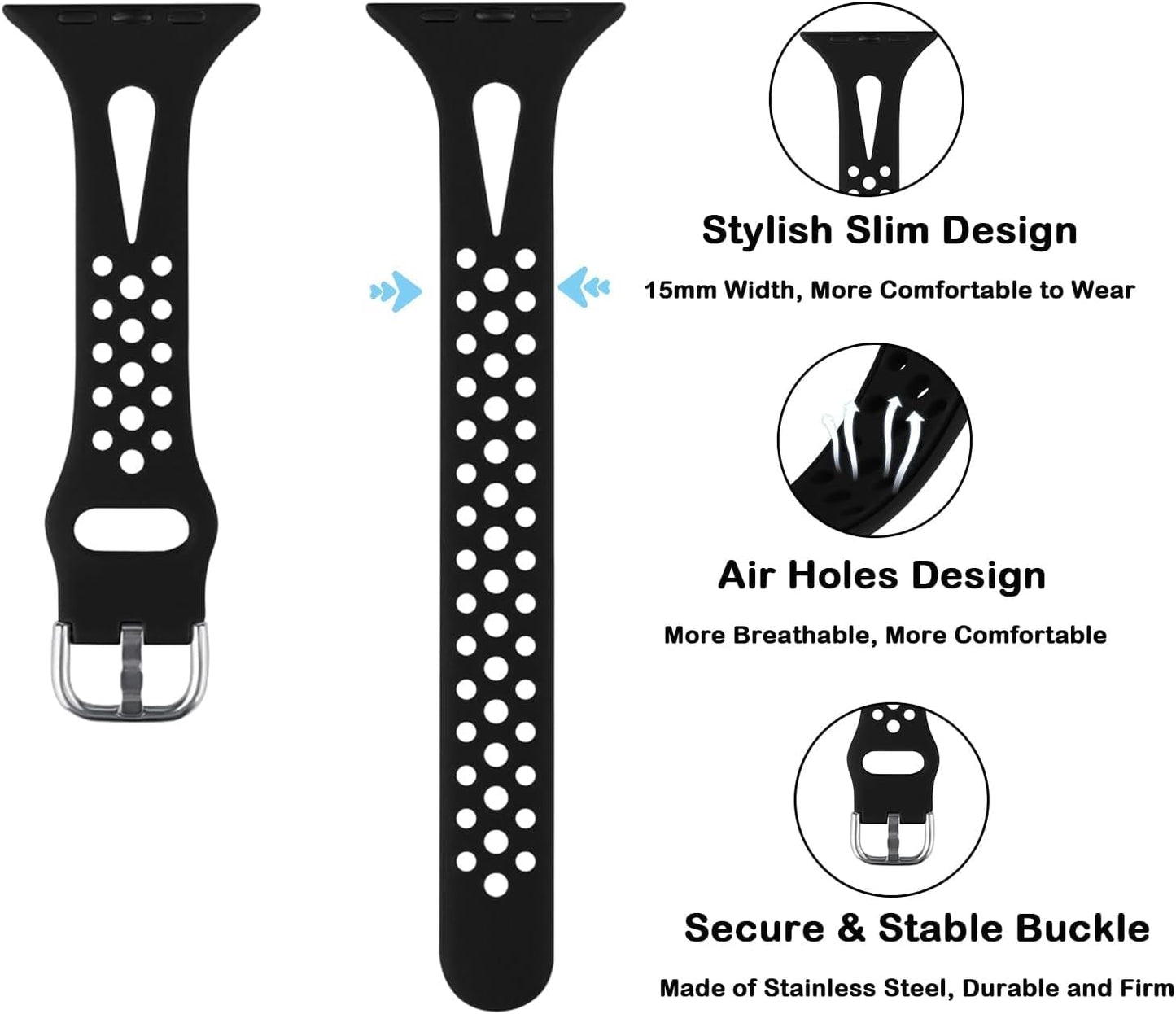 Slim Sport Band Compatible with Apple Watch Band Series 9 8 7 6 5 4 3 2 1/SE, 38/40/41 Mm, Women and Men, Soft Silicone Breathable Wristband, Black
