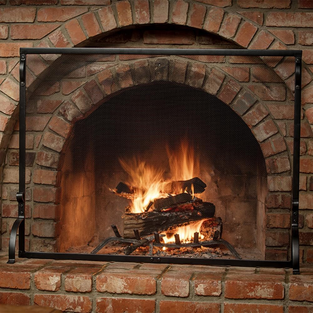 , S-1075, Large Wrought Iron Spark Guard Fireplace Screen (50" Wide X 35" Tall)