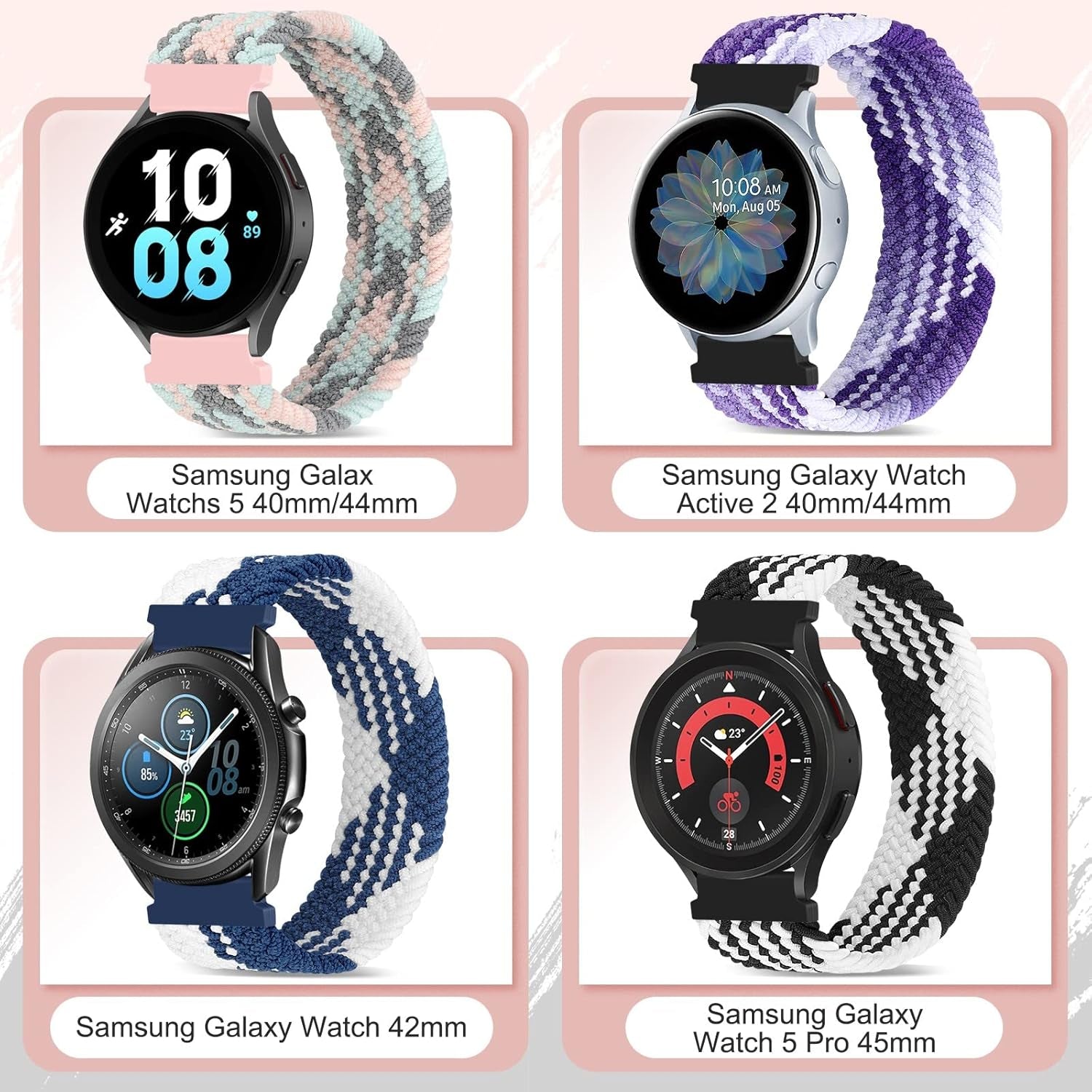 6 Pack Braided 20Mm Bands Compatible with Samsung Galaxy 5 Pro 4 Classic Active 2 46Mm 45Mm 44Mm 42Mm 40Mm Watch