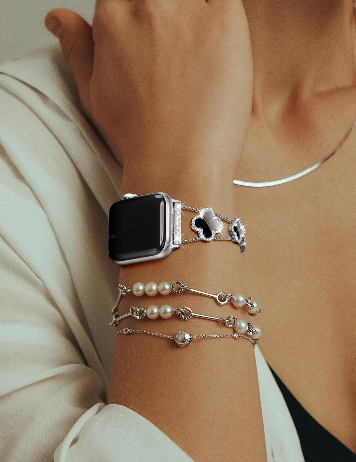 Bling Womens Band Compatible with Apple Watch Band 40Mm 41Mm 38Mm Series 9 8 7 6 5 4 3 2 1 SE, Sparkle Diamond Replacement Bracelet Wristband, Cute Lucky Clover Dressy Iwatch Band,Silver/Black