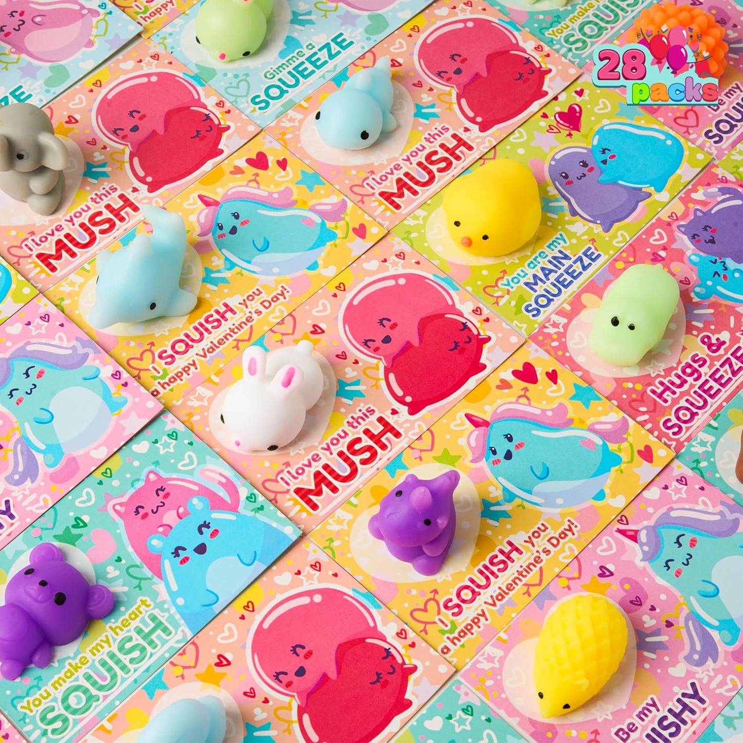 28 Packs Valentines Day Squishy Toy Gift Cards for Kids, Kawaii Mochi to Squeeze with Cards, Mochi Squishy Toy Stress Relief Fidget Toy for Kids Classroom Exchange Prizes Valentine Party Favor