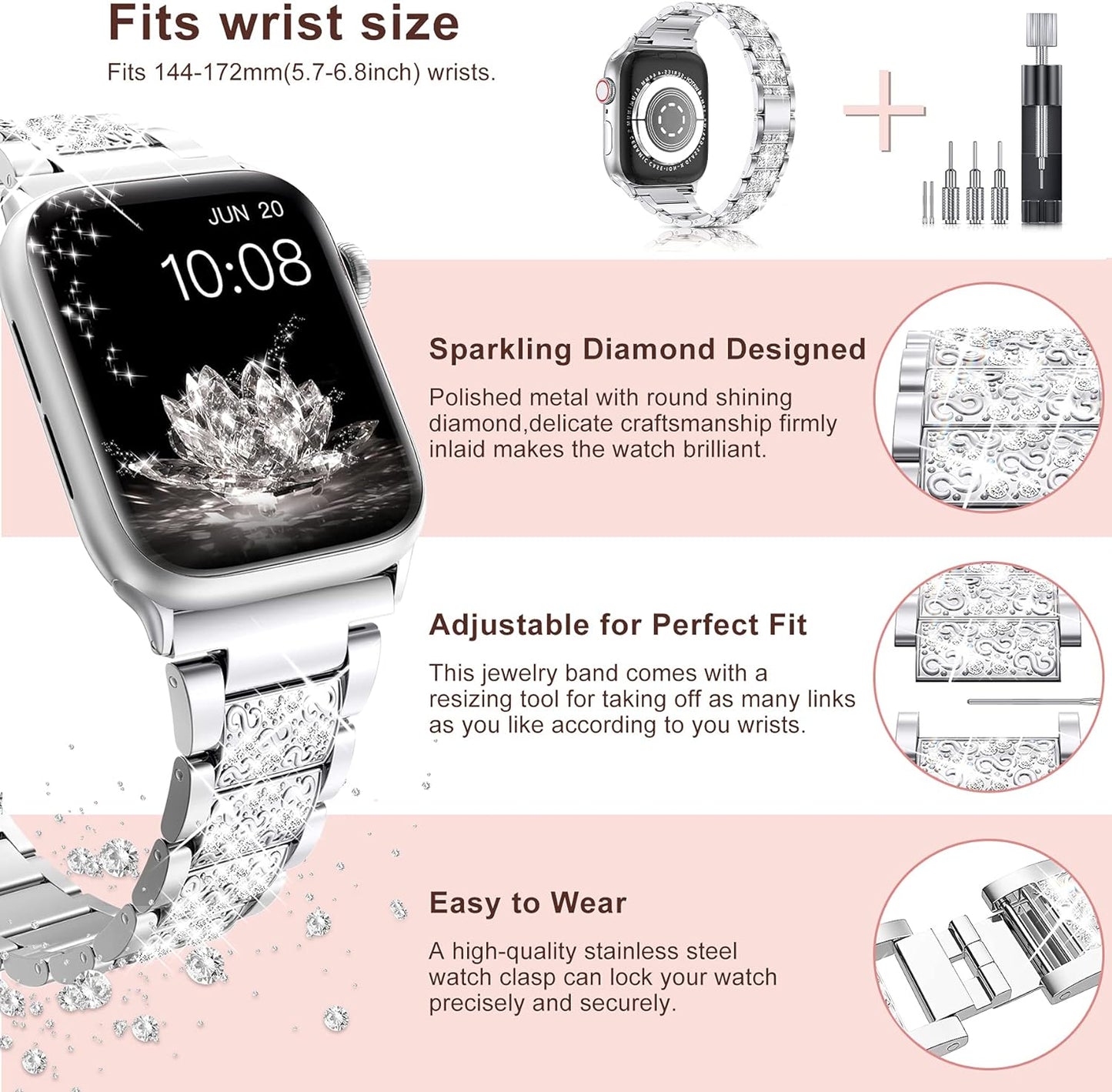 for Apple Watch Band 38Mm 40Mm 41Mm Series 8 7 6 5 4 3 2 1 SE Ultra for Women, Bling Replacement Bracelet Iwatch Band, Sparkle Diamond Rhinestone Stainless Steel Metal Wristband Strap