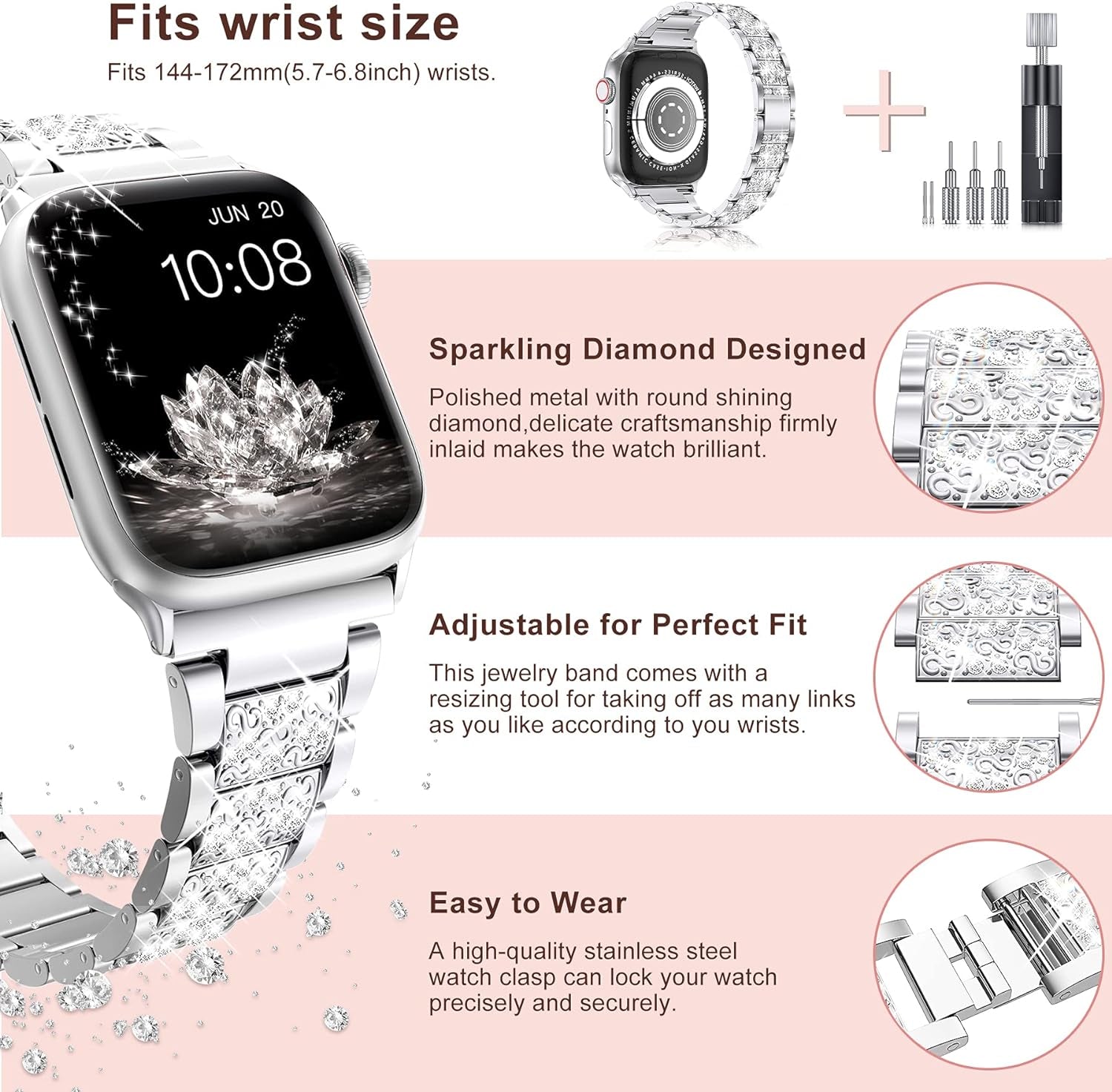 for Apple Watch Band 38Mm 40Mm 41Mm Series 8 7 6 5 4 3 2 1 SE Ultra for Women, Bling Replacement Bracelet Iwatch Band, Sparkle Diamond Rhinestone Stainless Steel Metal Wristband Strap