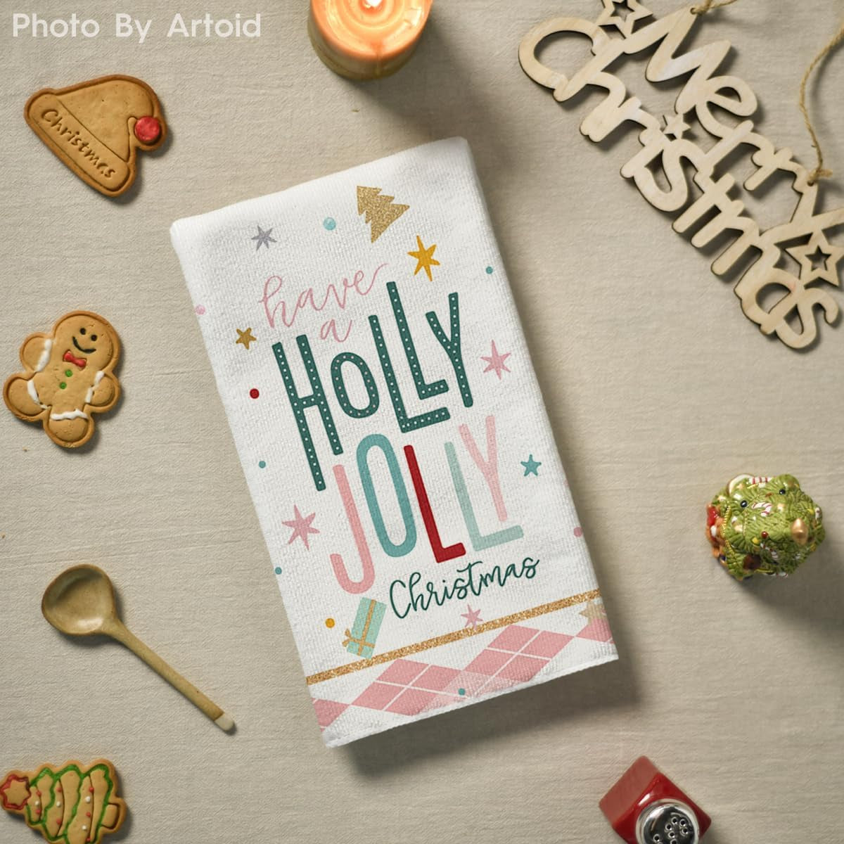 Pink Nutcrackers Tree Holly Jolly Merry Christmas Kitchen Towels Dish Towels, 18X26 Inch Seasonal Winter Xmas Decoration Hand Towels Set of 4