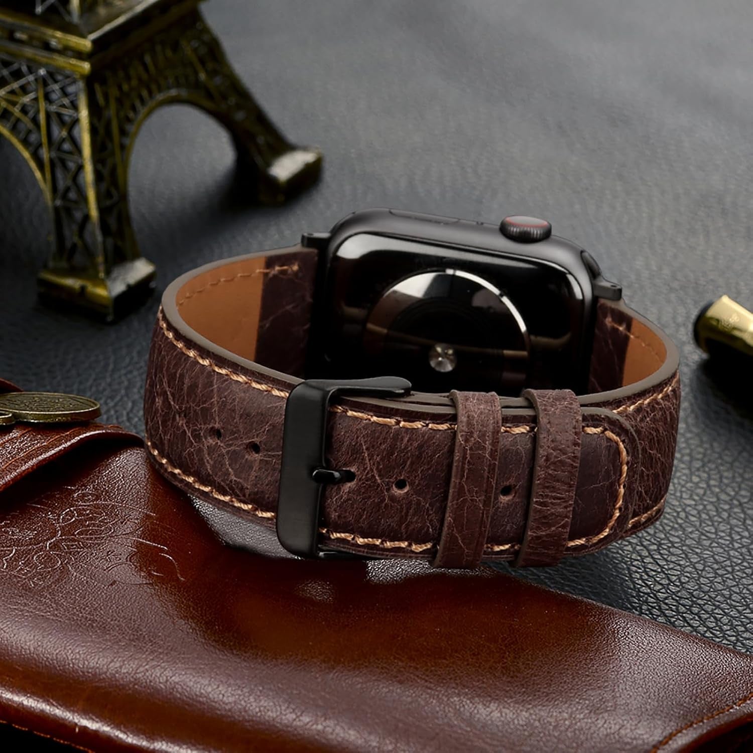 Bands Compatible with Apple Watch Band 49Mm 45Mm 44Mm 42Mm Men Genuine Leather Replacement Bands Compatible with Apple Watch Ultra 2 Ultra SE 2 SE Series 9 8 7 6 5 4 3 2 1, Dark Brown