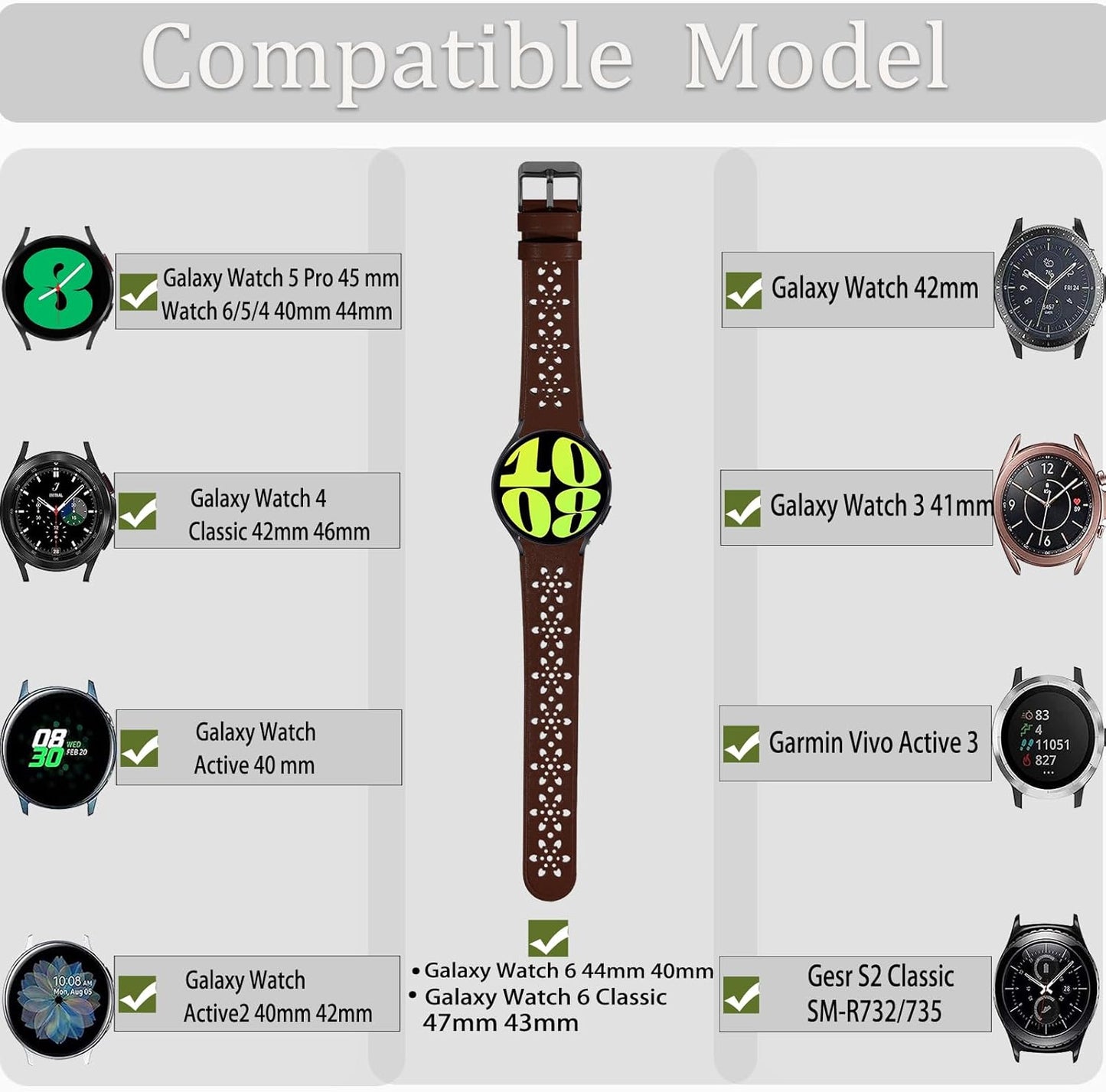 20Mm Leather Bands for Samsung Galaxy Watch 6/5/4 40Mm 44Mm/Watch 5 Pro 45Mm/Watch 4 Classic 42Mm 46Mm, Floral Breathable Hollow Replacement Wristbands for Women Men，1 Pack