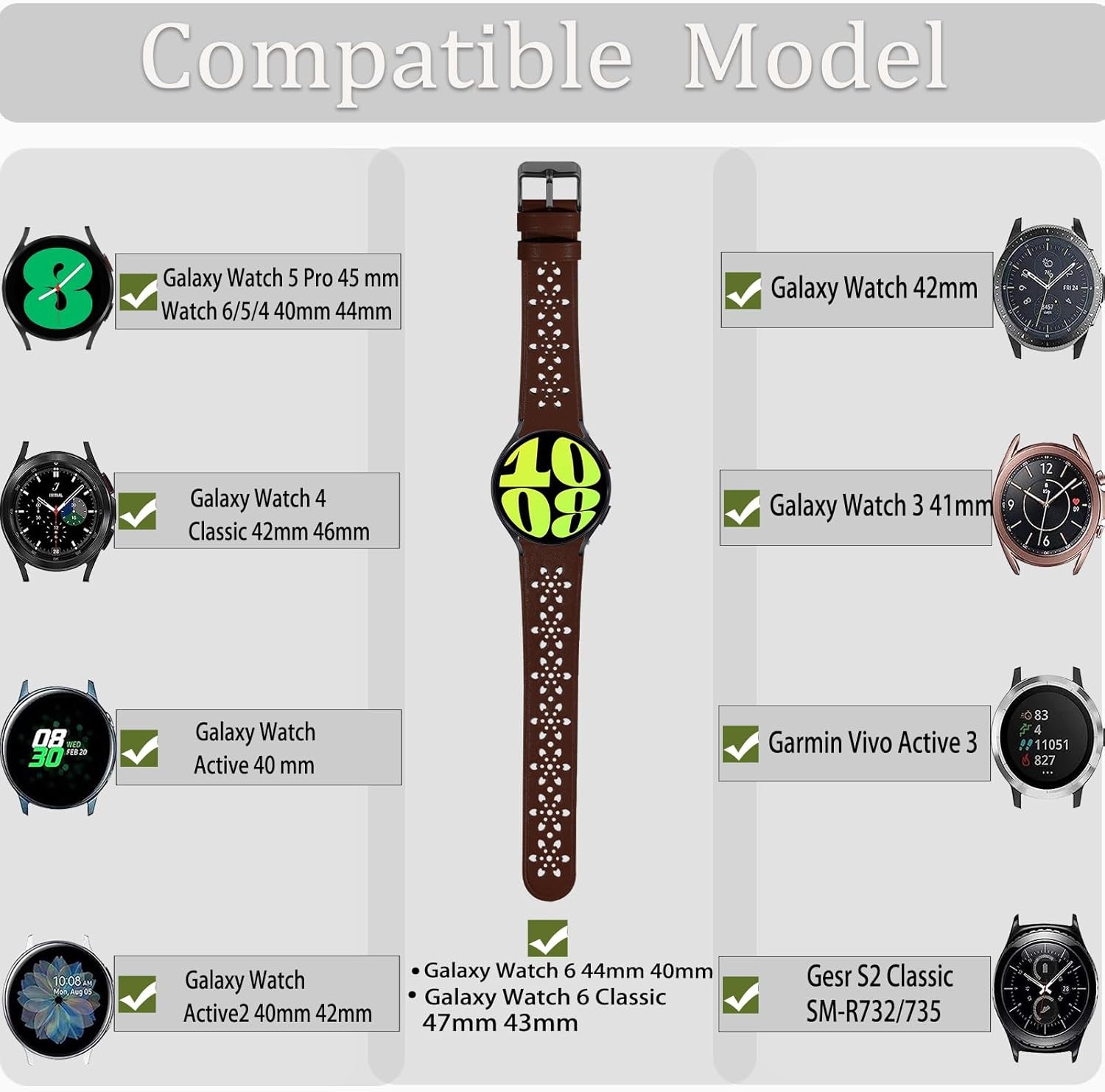 20Mm Leather Bands for Samsung Galaxy Watch 6/5/4 40Mm 44Mm/Watch 5 Pro 45Mm/Watch 4 Classic 42Mm 46Mm, Floral Breathable Hollow Replacement Wristbands for Women Men，1 Pack