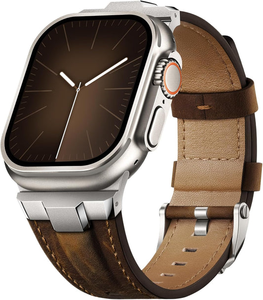 Leather Bands Compatible for Apple Watch Ultra Band 49Mm 46Mm 45Mm 44Mm 42Mm, Genuine Leather Rugged Durable Matel Connector Replacement Strap for Women Men Iwatch Ultra 10 9 8 7 6 5 4 3 SE