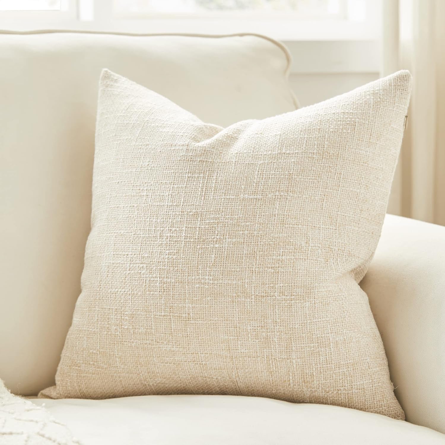 Set of 2 Beige Pillow Covers 18X18 Inch Rustic Linen Square Decorative Throw Pillow Covers for Sofa Couch Farmhouse Home Decorations