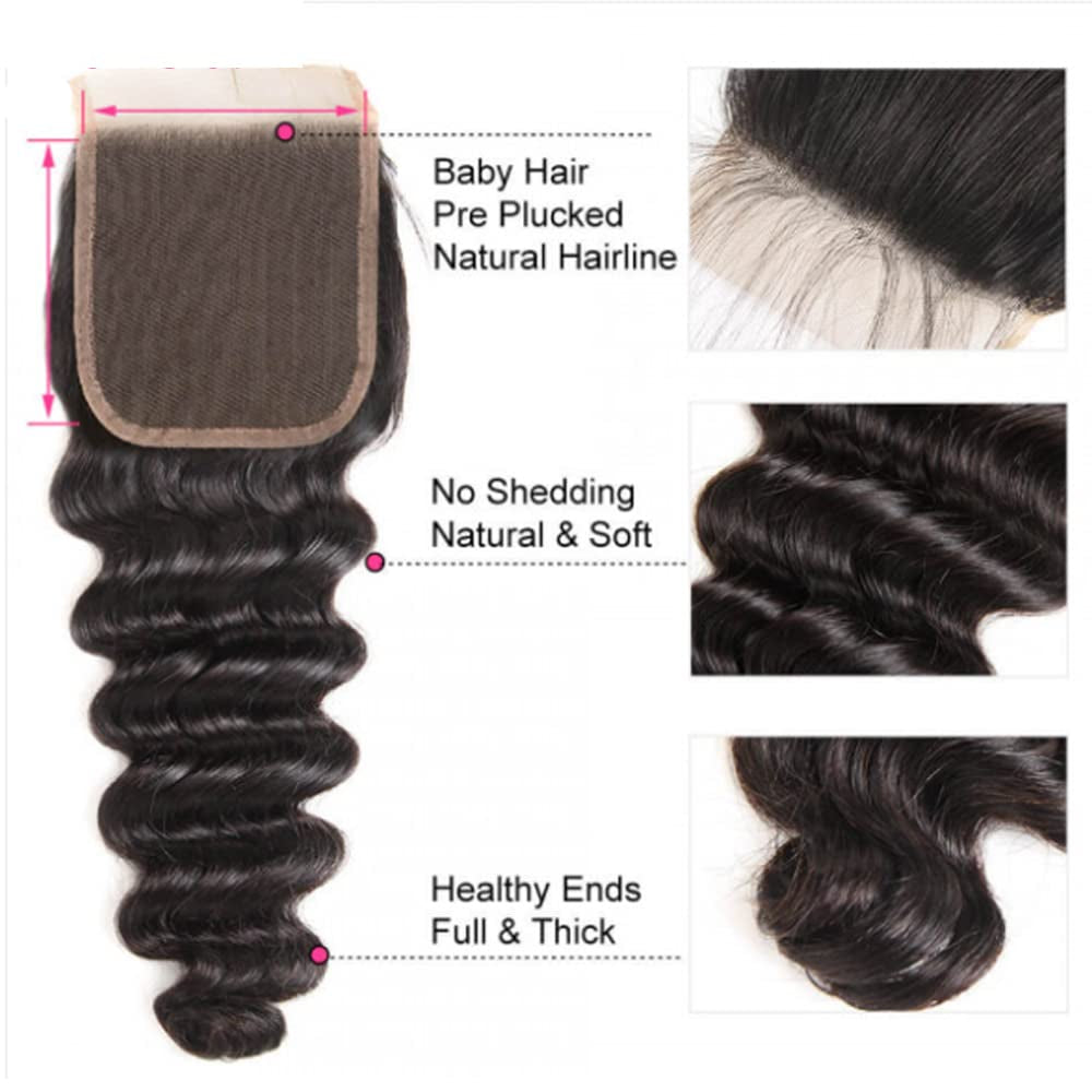 Brazilian Hair Loose Deep Wave Bundles with Closure Human Hair Loose Deep Curly Bundles with Lace Closure 12A Human Hair 3 Bundles with 4×4 Lace Closure Human Hair Natural Color (10 12 14+10)