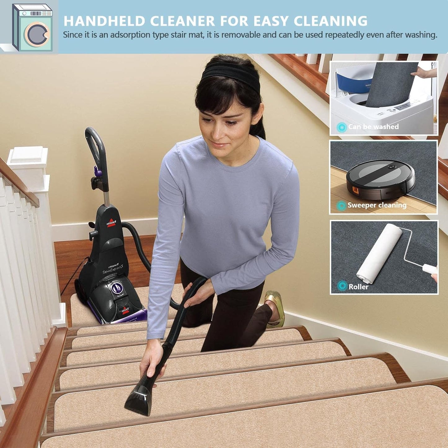 8" X 30" (15 in Pack) Non-Slip Stair Treads Carpet for Wooden Steps, Self-Adhesive Stair Treads Mat, Safety Indoor Stair Runner Mats, anti Slip Stair Rugs for Kids Elders and Dogs，Beige