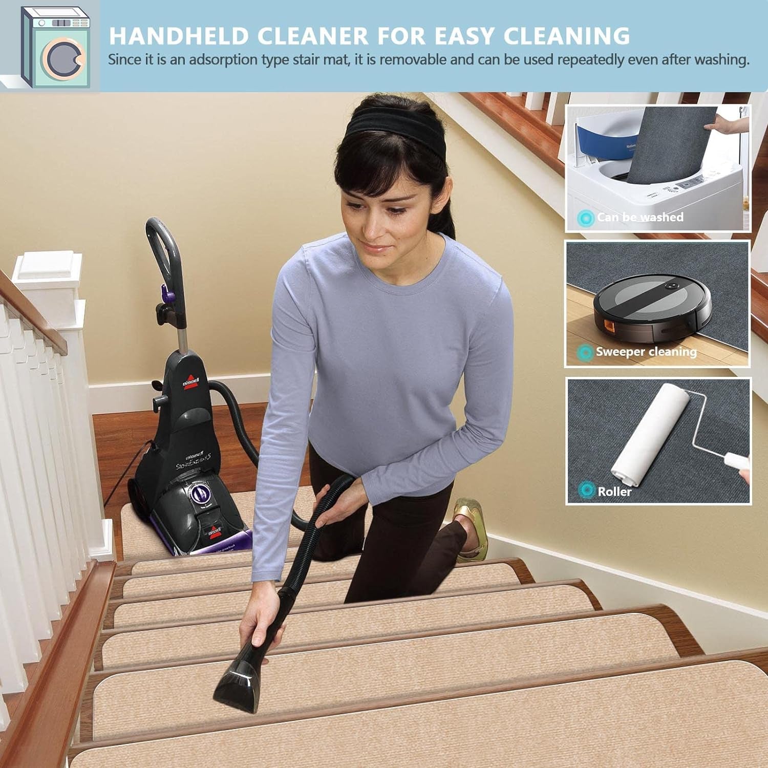 8" X 30" (15 in Pack) Non-Slip Stair Treads Carpet for Wooden Steps, Self-Adhesive Stair Treads Mat, Safety Indoor Stair Runner Mats, anti Slip Stair Rugs for Kids Elders and Dogs，Beige