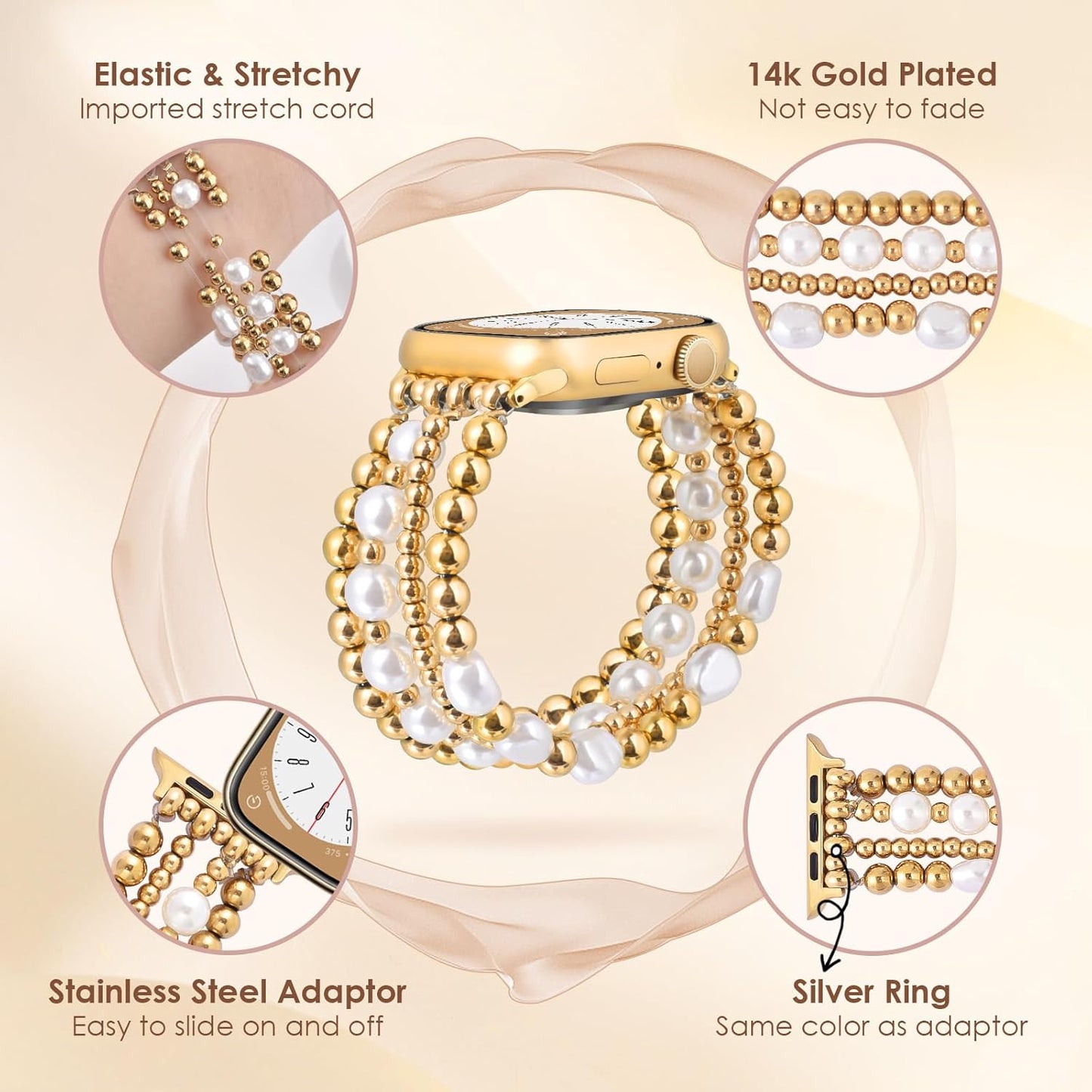 Gold Beaded Bracelets Compatible for Apple Watch Band 38Mm 40Mm 41Mm 42Mm 44Mm 45Mm Women, Fashion Handmade Dressy Iphone Watch Bands Elastic Strap for Iwatch Series SE 8 7 6 5 4 3 2 1