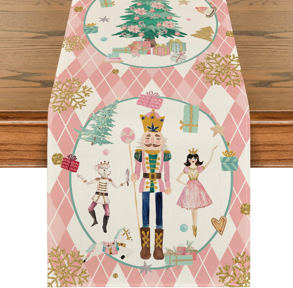 Pink Diamond Plaid Nutcracker Snowflake Christmas Table Runner, Seasonal Winter Kitchen Dining Table Decoration for Home Party Decor 13X90 Inch