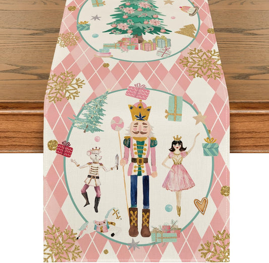 Pink Diamond Plaid Nutcracker Snowflake Christmas Table Runner, Seasonal Winter Kitchen Dining Table Decoration for Home Party Decor 13X90 Inch