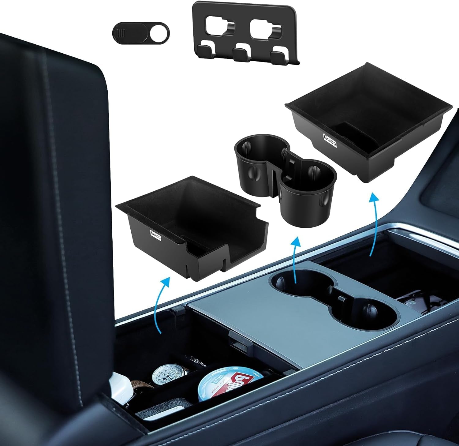 5Pcs Tesla Model Y Accessories 2024 - Center Console Organizer Tray, Silicon Cup Holder Insert, Rear Trunk Hook, Camera Cover, for Tesla Model 3 2021-2023, Tesla Model Y 2019-2023