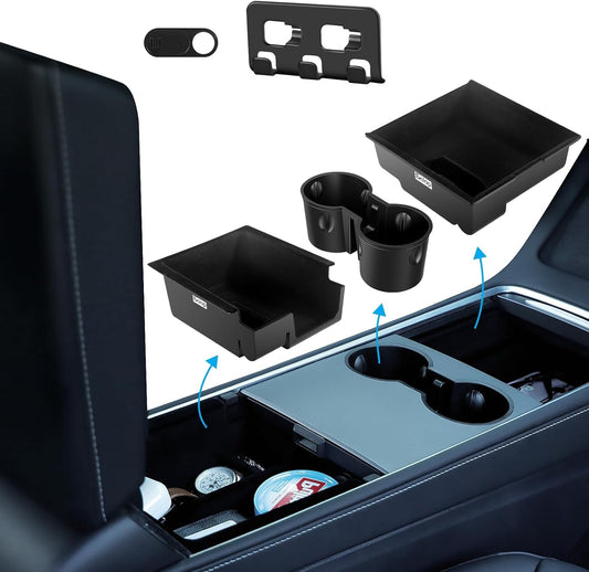 5Pcs Tesla Model Y Accessories 2024 - Center Console Organizer Tray, Silicon Cup Holder Insert, Rear Trunk Hook, Camera Cover, for Tesla Model 3 2021-2023, Tesla Model Y 2019-2023
