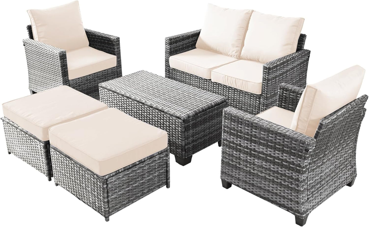 7 Piece Outdoor Furniture Set, PE Rattan Patio Conversation Set, Outdoor Sectional Furniture Sofa Set with Thick Cushions and Coffee Table, Navy Blue