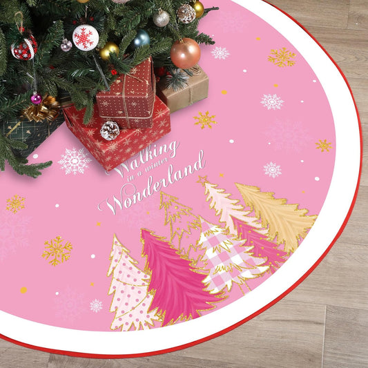 48 Inch Pink Christmas Tree Skirt Large Double Layer Xmas Tree Decoration Merry Christmas Tree Skirt Mat Decor for Winter Holiday Party Christmas Decorations Supplies