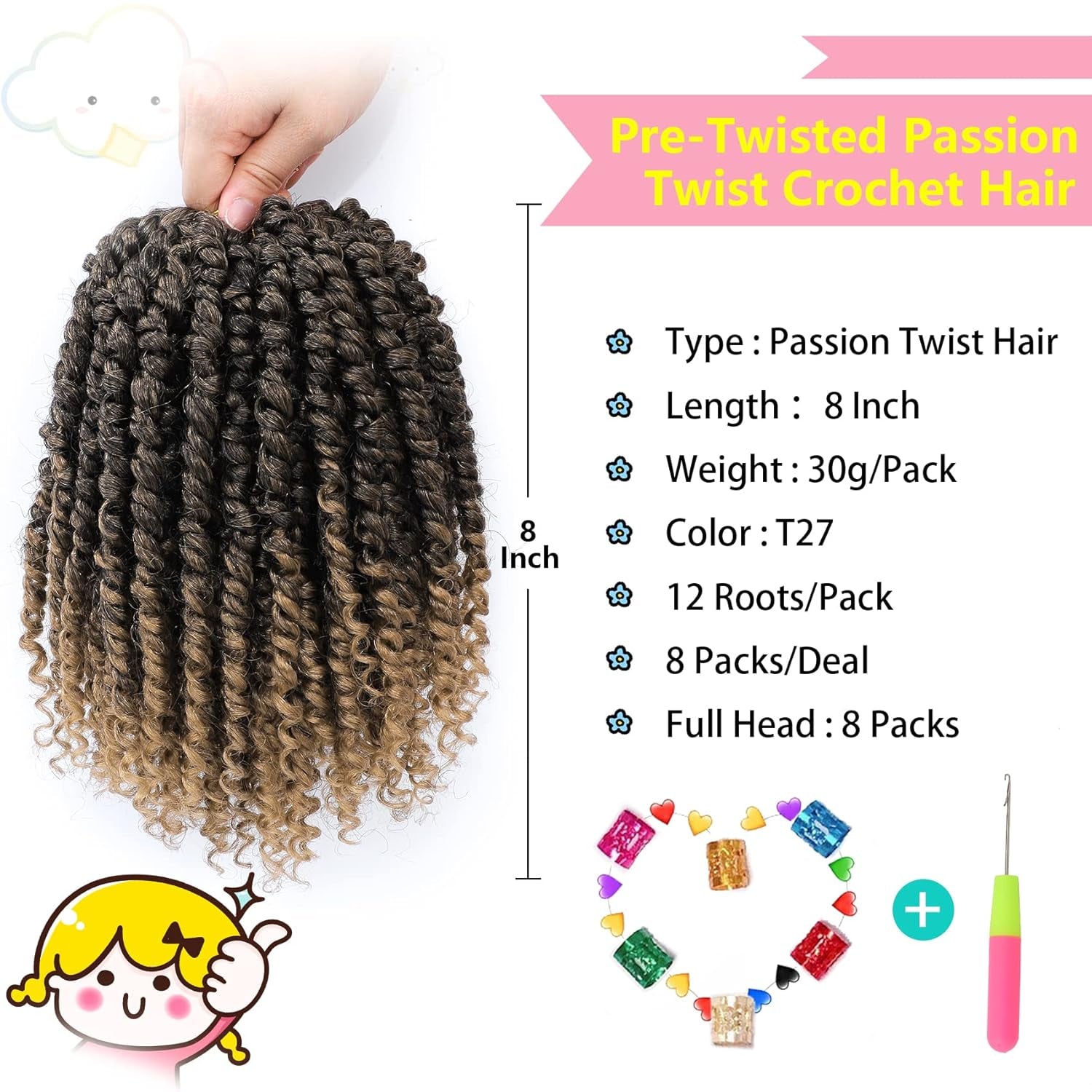 Passion Twist Hair 8 Inch, 8 Packs Passion Twist Crochet Hair for Black Women, Prelooped Crochet Twist Hair with Curly Ends (8Inch, T27#)