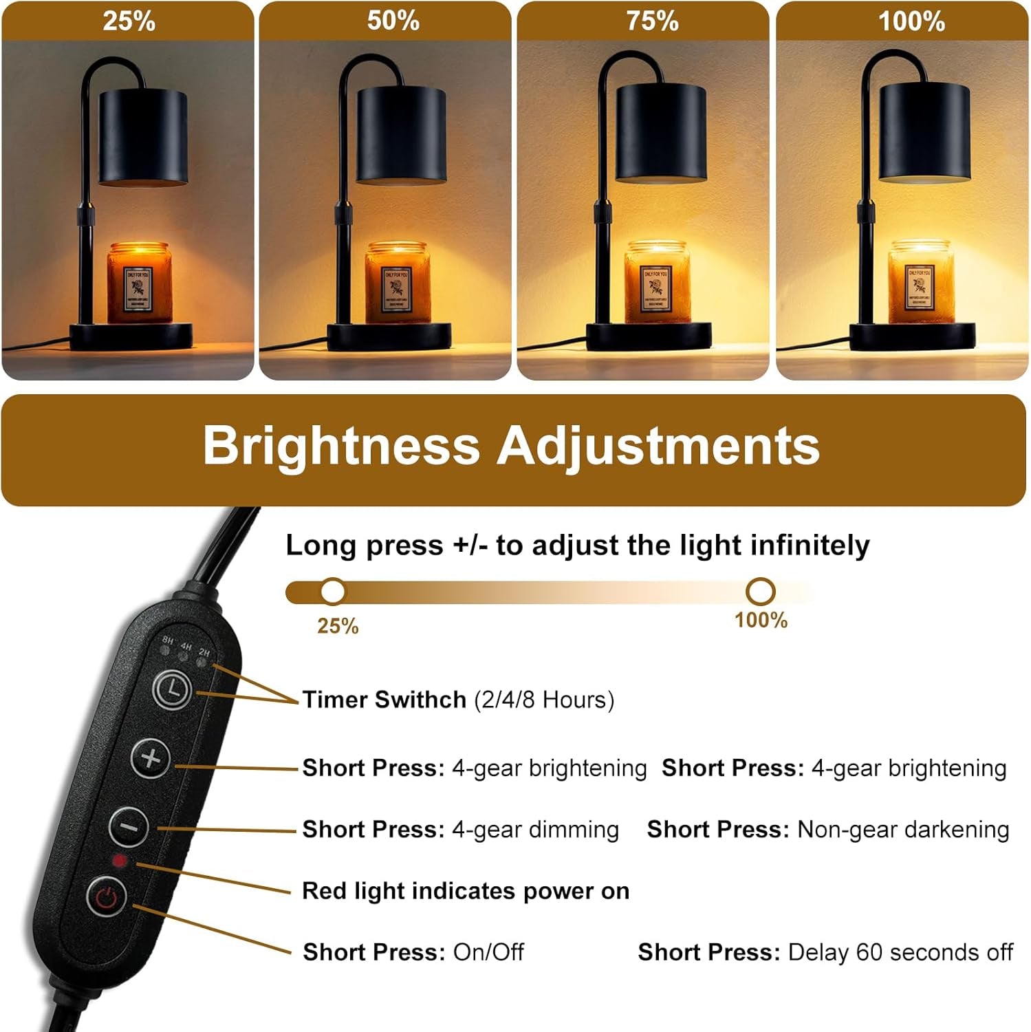 Candle Warmer Lamp with Timer and Dimmer, Electric Candle Lamp Warmer for Jar Candles, Adjustable Height Candle Wax Warmer with 2 Bulbs & Wooden Base, Gifts for Women Home Decor, Black