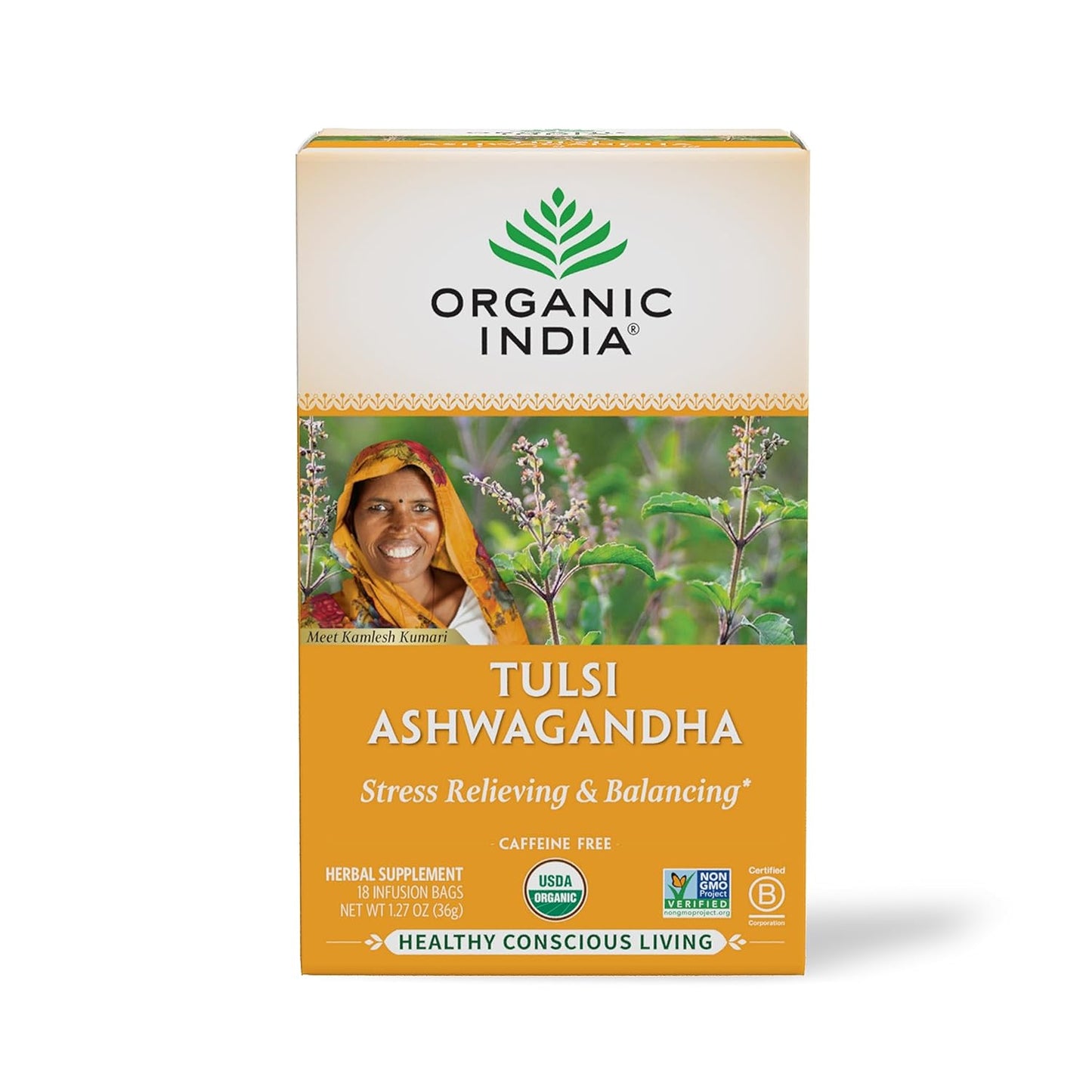 Tulsi Green Tea Bags - Holy Basil Tea, African Basil, Stress Relieving, Immune Support, USDA Certified Organic, Premium Darjeeling Green Tea, Caffeinated - 18 Infusion Bags, 1 Pack TLBH