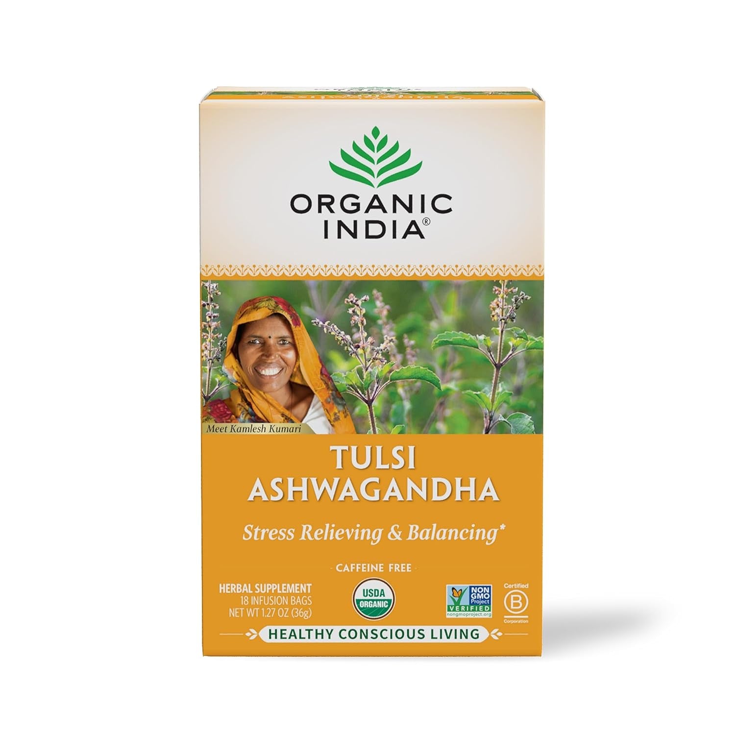 Tulsi Green Tea Bags - Holy Basil Tea, African Basil, Stress Relieving, Immune Support, USDA Certified Organic, Premium Darjeeling Green Tea, Caffeinated - 18 Infusion Bags, 1 Pack TLBH