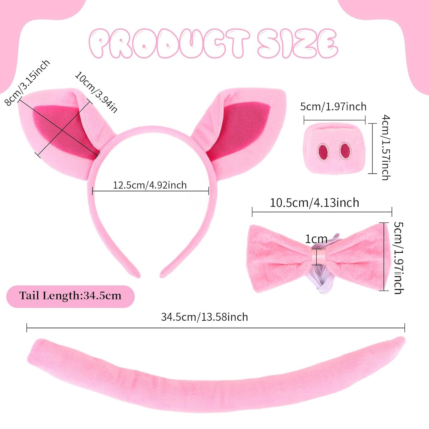 Pig Costume Set Pig Ears Headband, Pig Nose, Bowtie, Tail & Paw Gloves Pink Pig Costume Accessories Set Fancy Dress Costume Accessories for Halloween Dress up Play Party Carnival World Book Day