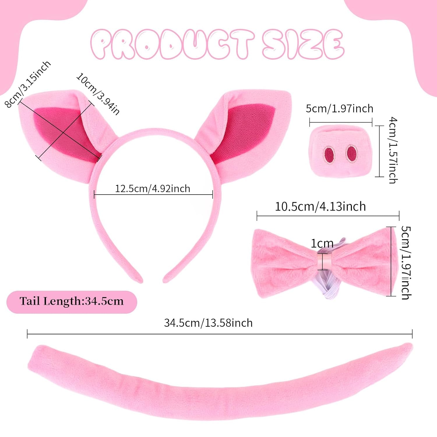 Pig Costume Set Pig Ears Headband, Pig Nose, Bowtie, Tail & Paw Gloves Pink Pig Costume Accessories Set Fancy Dress Costume Accessories for Halloween Dress up Play Party Carnival World Book Day