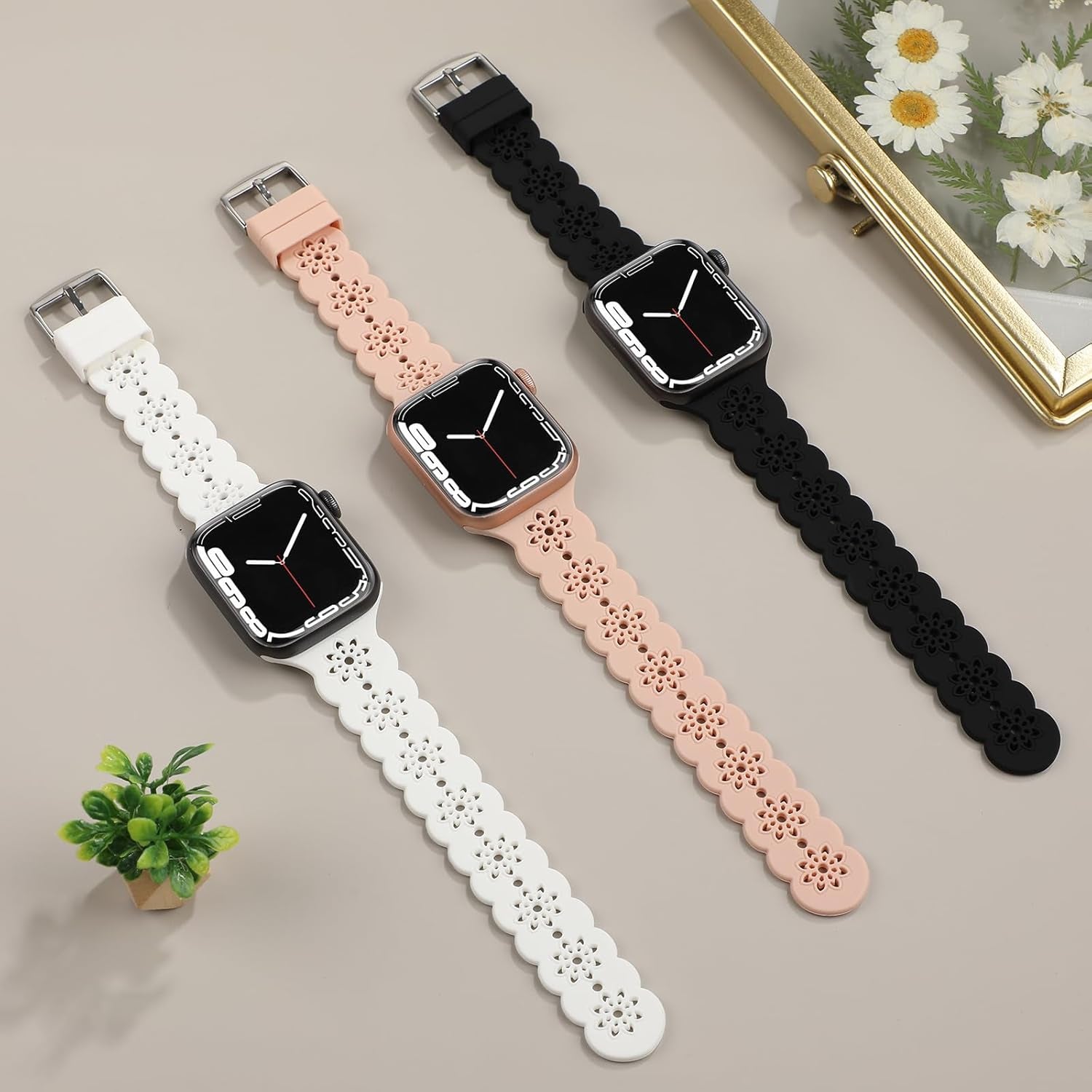 Floral Silicone Band Compatible with Apple Watch Bands 38Mm 40Mm 42Mm 44Mm 41Mm 45Mm 49Mm Women Men, Slim Hollow-Out Design Wristbands Soft Sport Breathable Watch Bands for Iwatch Ultra SE Series 9/8/7/6/5/4/3/2/1