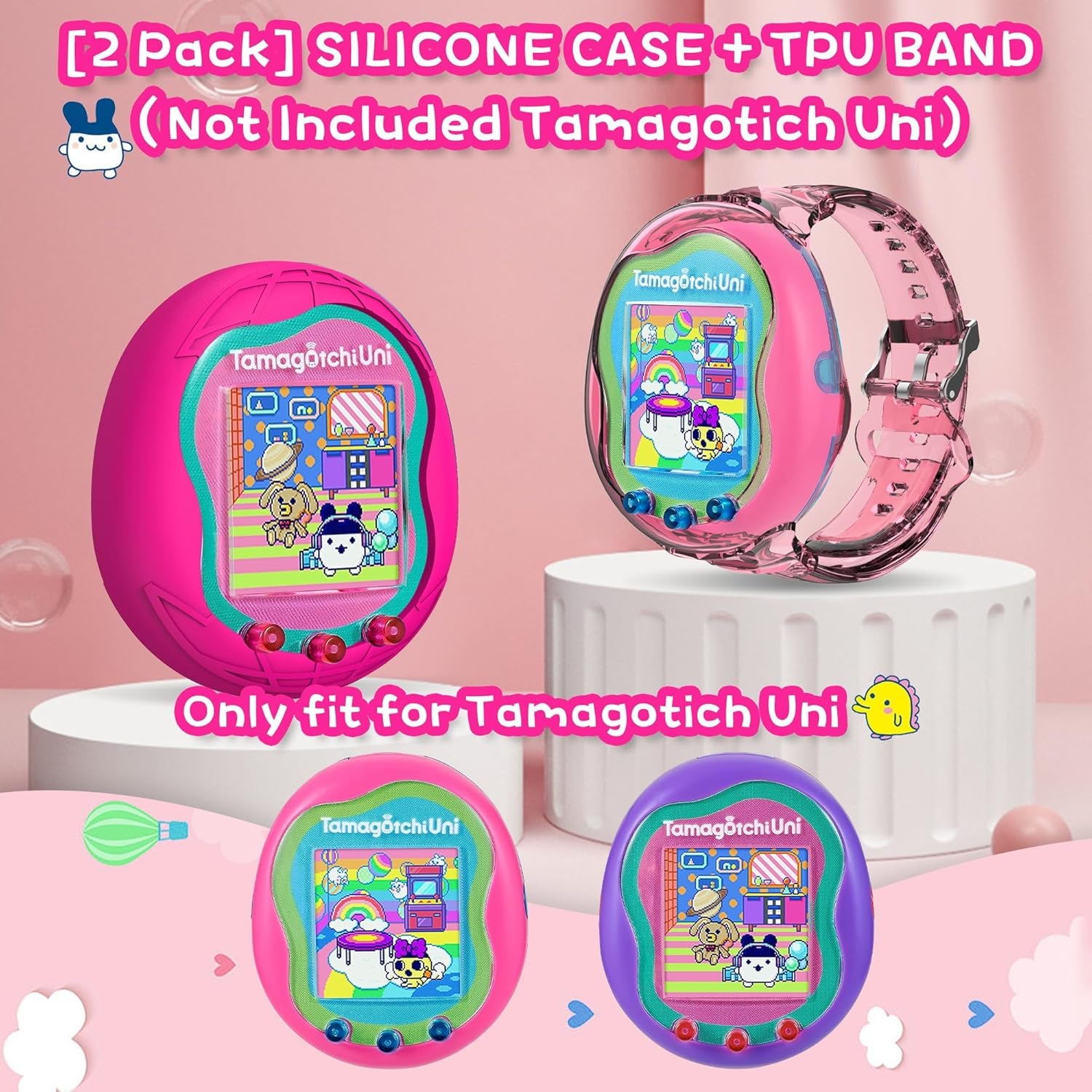 2 Pack Case for Tamagotchi Uni, Silicone Case + TPU Band Protective Cover for Tamagotchi Uni Interactive Virtual Pet Game Machine(Rose Red+Pink) ZOUSA