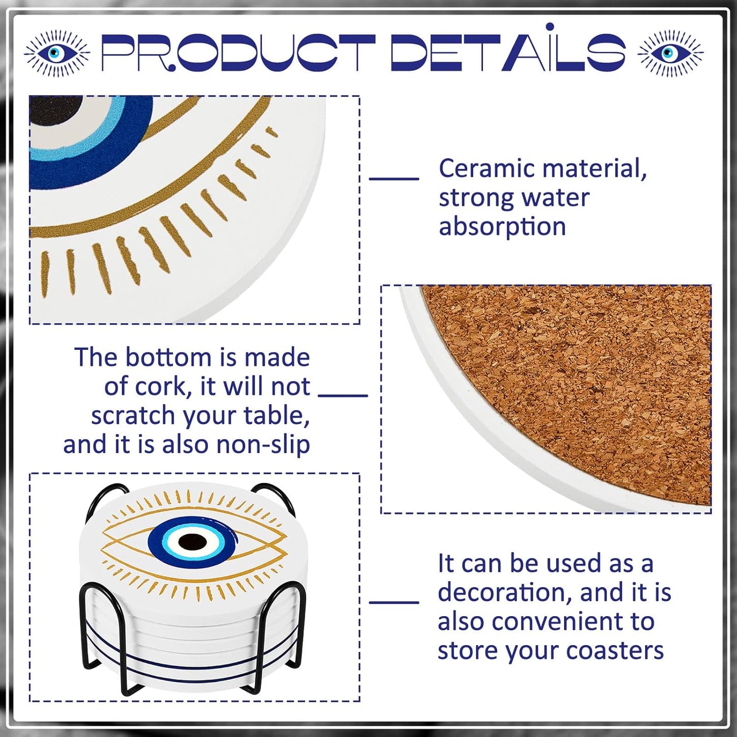 Set of 6 Ceramic Evil Eye Coasters with Coaster Holder Evil Eye Blue Coasters for Drinks round Absorbent Cup Mat with Cork Base for Home Table Decor Desk Kitchen Accessories, 4 Inch
