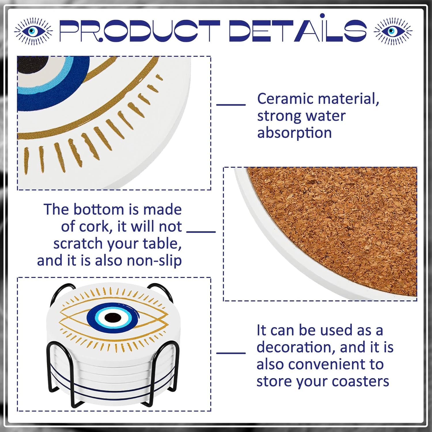 Set of 6 Ceramic Evil Eye Coasters with Coaster Holder Evil Eye Blue Coasters for Drinks round Absorbent Cup Mat with Cork Base for Home Table Decor Desk Kitchen Accessories, 4 Inch