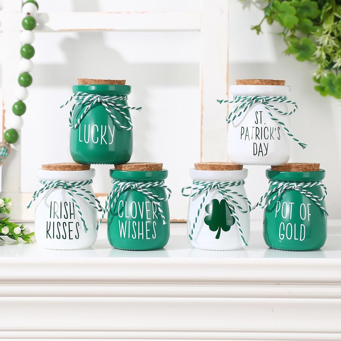 St Patricks Day Decorations - 6PCS St.Patrick'S Day Mini Jars -Farmhouse St Patricks Day Decor for Home Kitchen Table Fireplace Mantel Decor ﻿