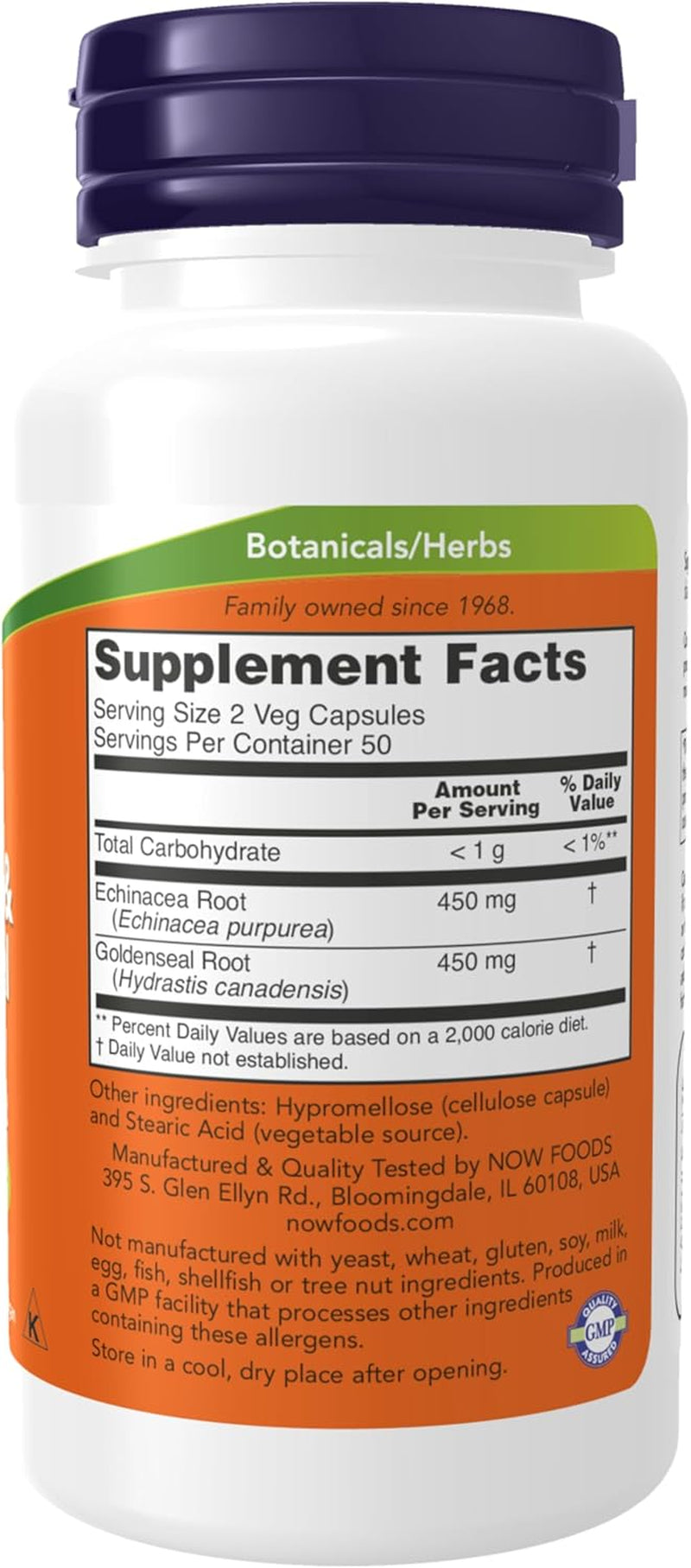NOW Supplements, Echinacea & Goldenseal Root, 225/225 Mg Blend, Immune System Support*, 100 Veg Capsules TLBH