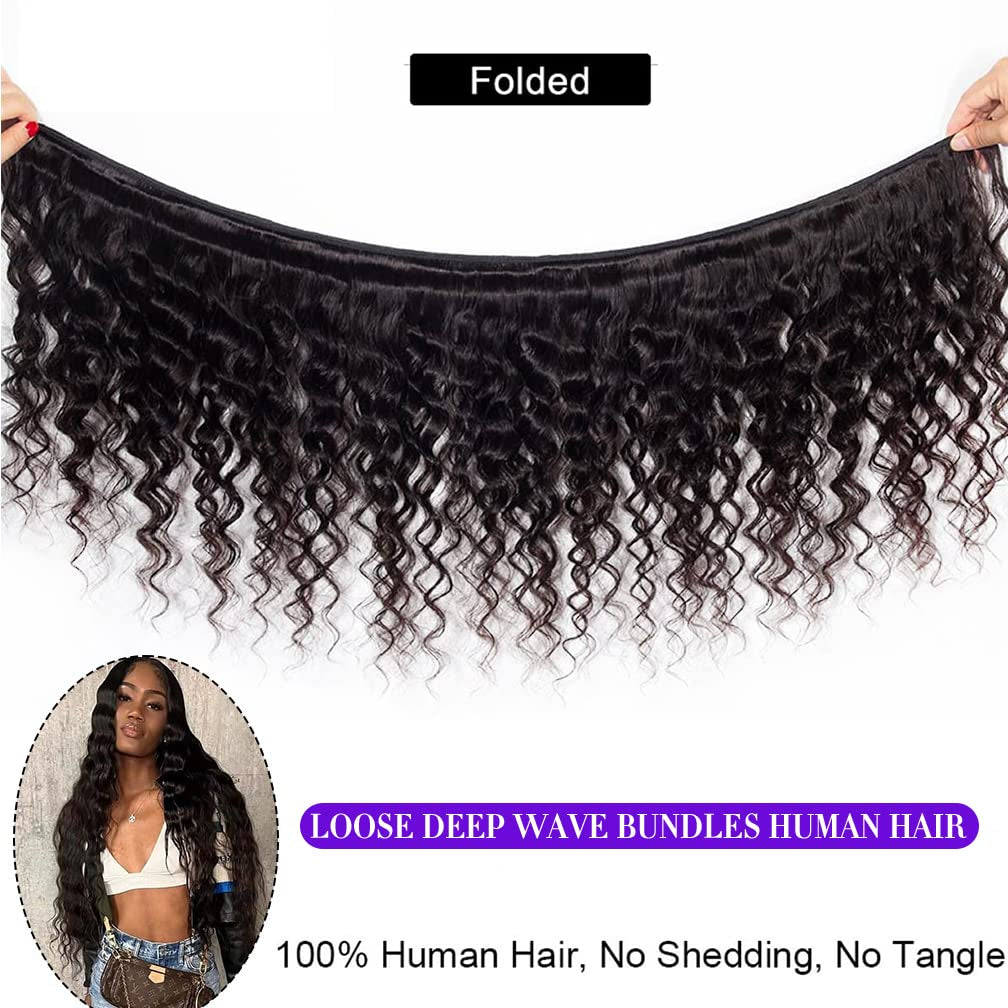 Brazilian Loose Deep Wave Bundles with Closure Loose Wave Human Hair Bundles with Closure Brazilian Deep Weave Bundles 100% Real Unprocessed Virgin Human Hair Bundles with 4 * 4 Closure 10 12 14 +10