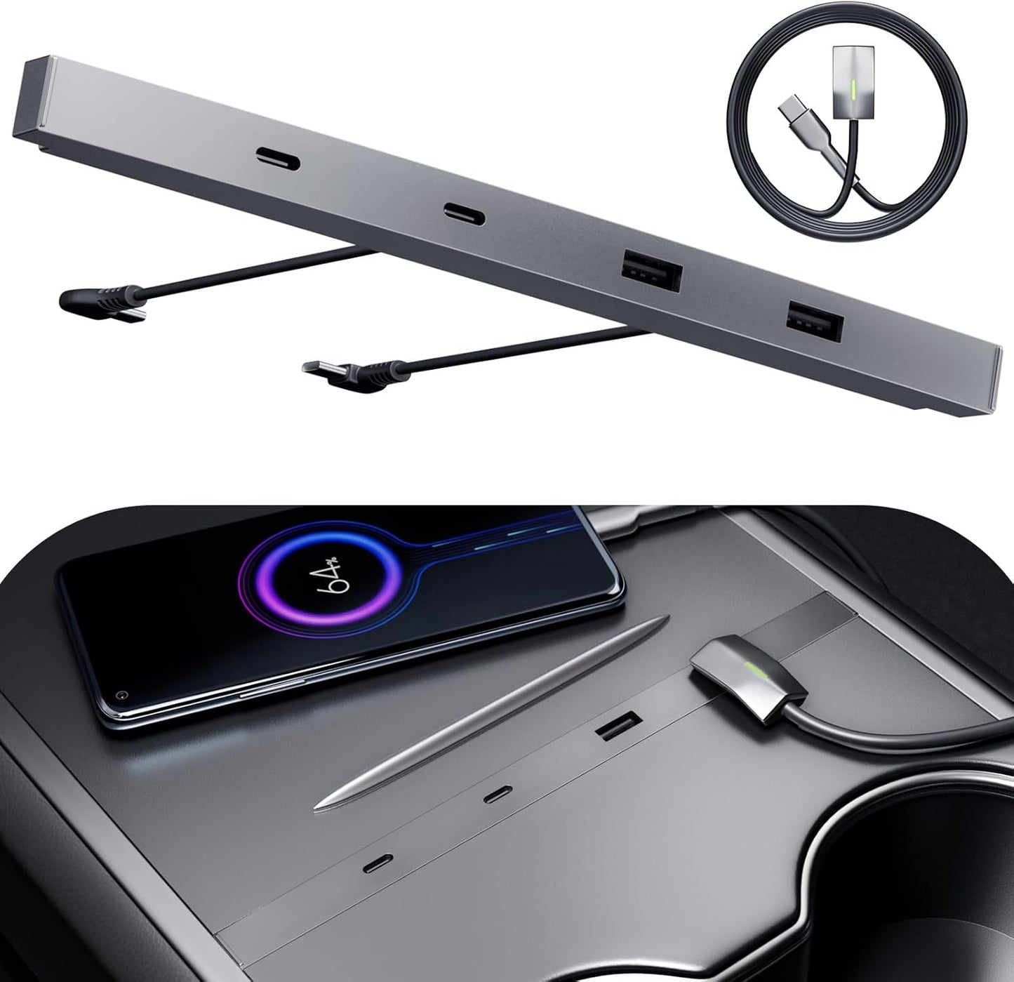 Tesla USB Hub with RGB LED Light for Tesla Model 3, Model Y Accessories 2023 2022 2021, Fast Charging 100% Fit Docking Station for Center Console,