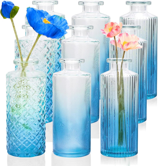 Glass Bud Vase Set in Bulk, 9Pcs Mini Vintage Flower Vases for Wedding,Blue Relief Vase for Centerpieces,Home Table Flower Decor, Party Decorations
