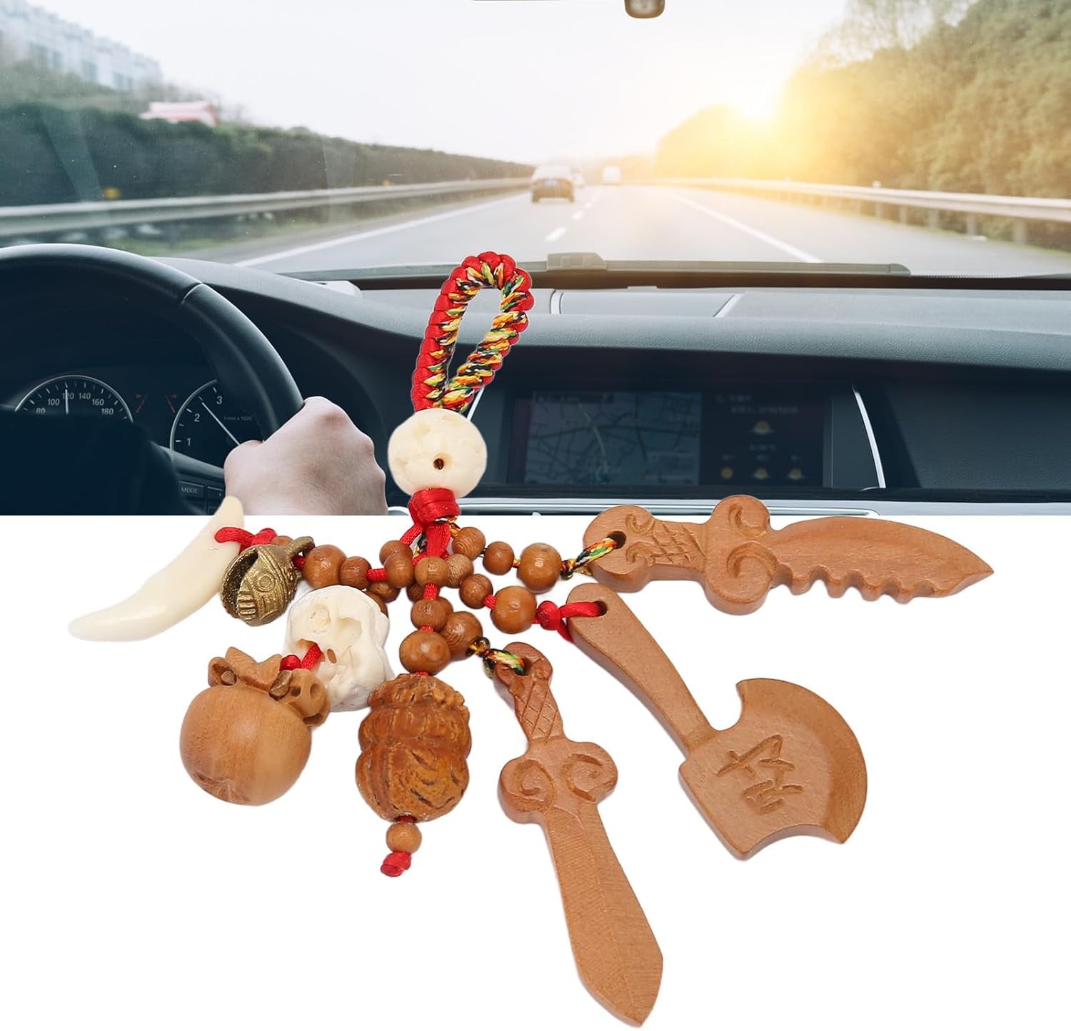 Peach Wood Sword Axe Pendant, Wood Carving Hanging Ornaments Good Luck Amulet for Wealth Success Home Office