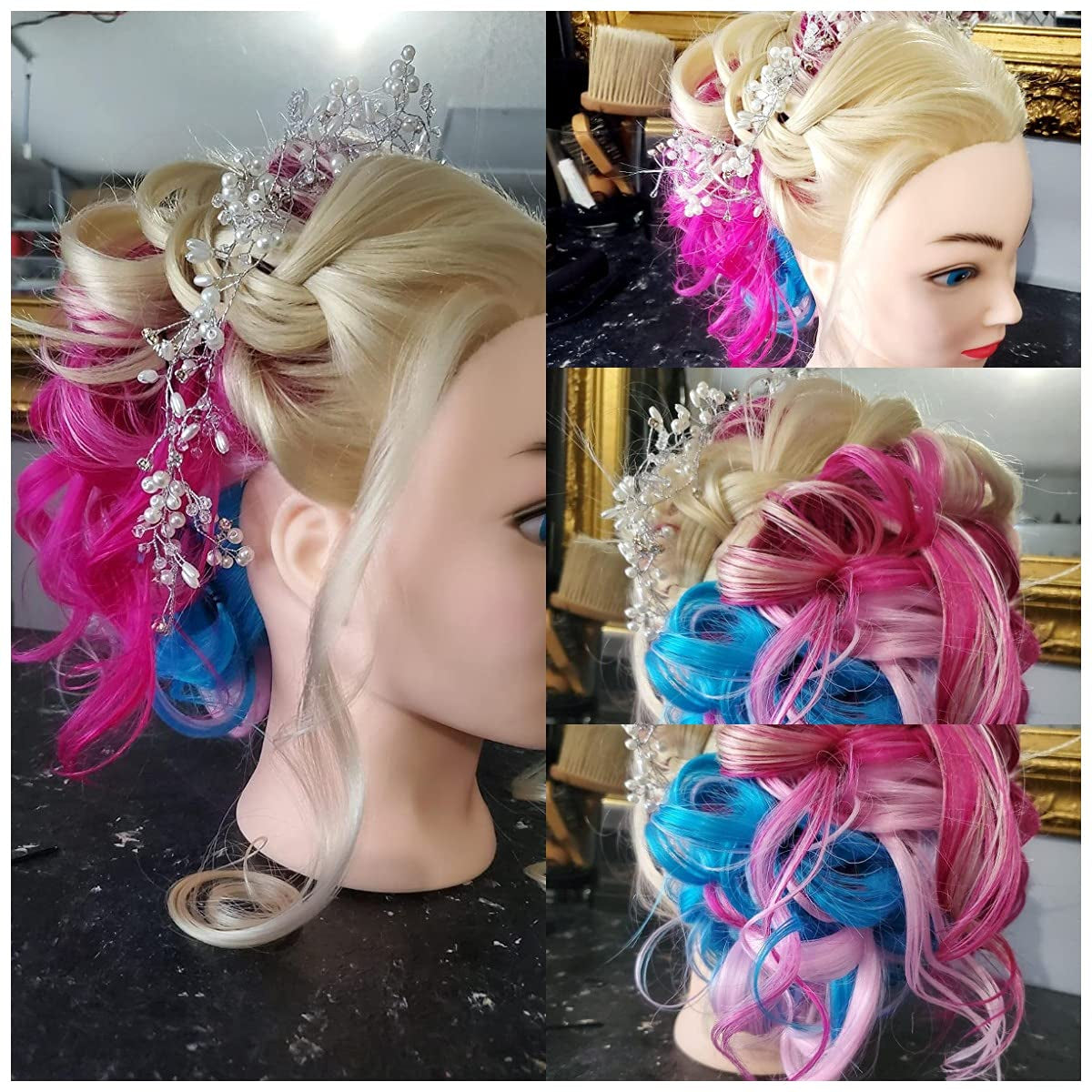 Mannequin Head with Long Synthetic Fiber Colorful Hair Styling Training Head 26-28Inch Manikin Cosmetology Doll Head Hairdressing Training Model for Cutting Braiding Practice and Free Clamp Holder